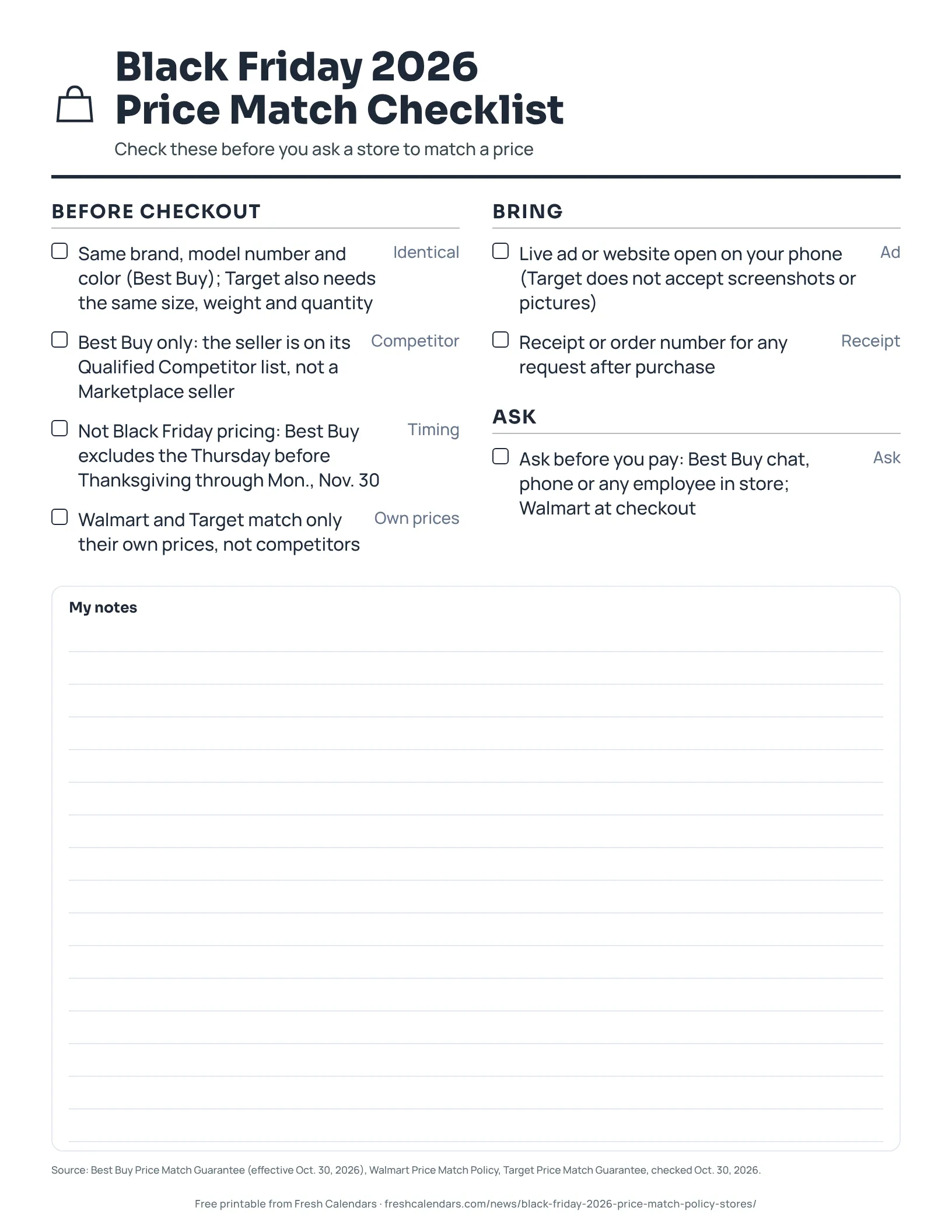 Printable Black Friday 2026 price match checklist with tick boxes for Best Buy, Walmart and Target rules, ink-saver version