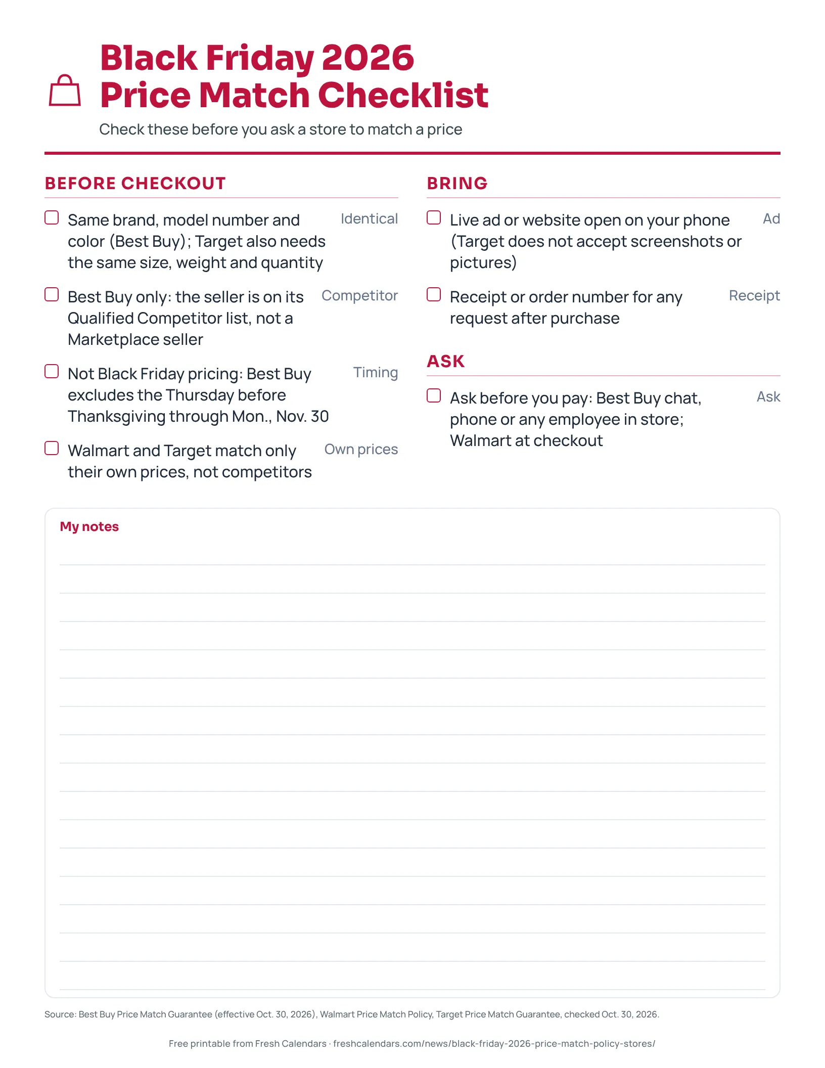 Printable Black Friday 2026 price match checklist with tick boxes for Best Buy, Walmart and Target rules