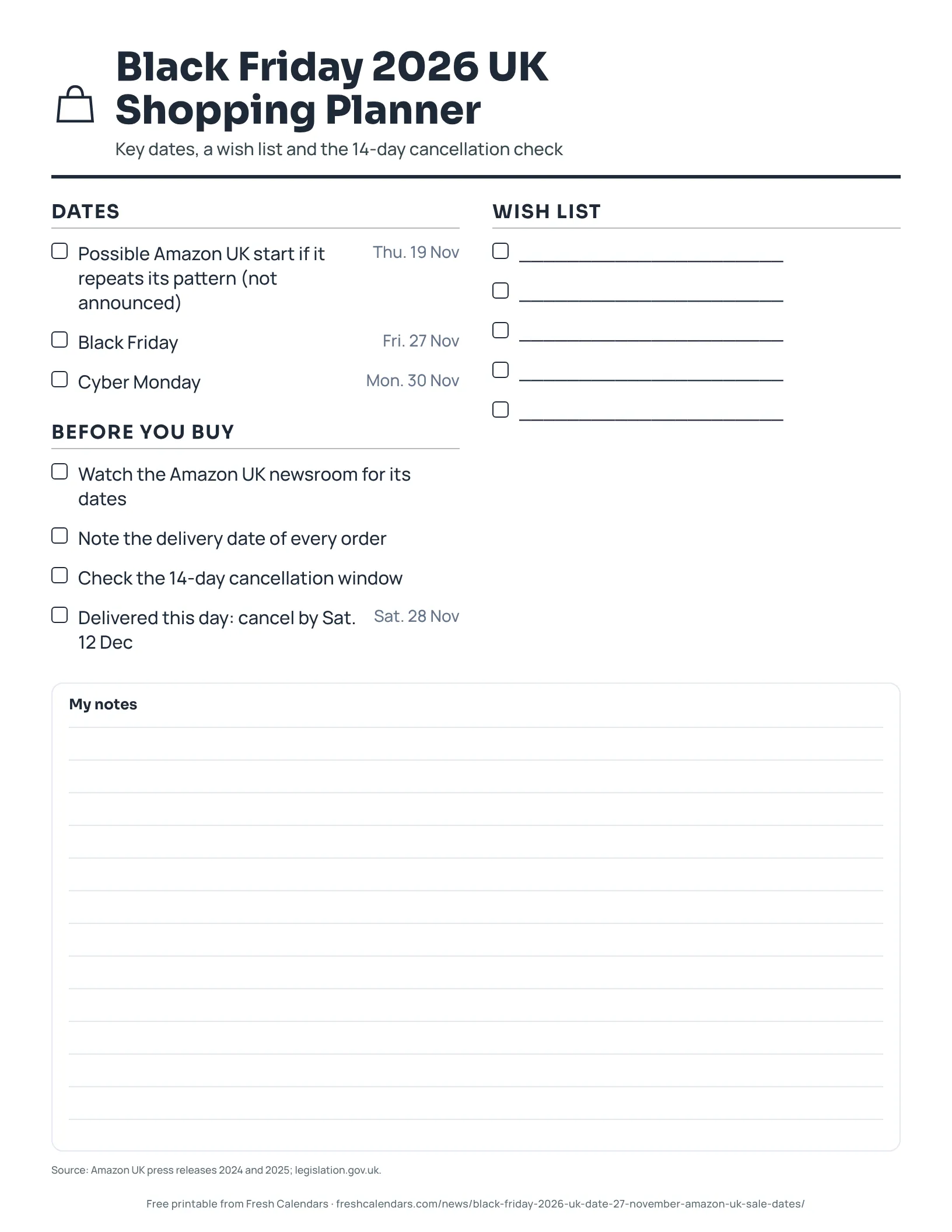 Black Friday 2026 UK Shopping Planner (ink saver) Printable Black Friday 2026 UK shopping planner with dates, a wish list and a cancellation check, ink-saver version