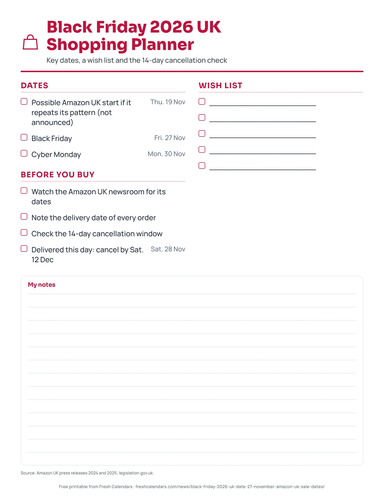 Black Friday 2026 UK Shopping Planner Printable Black Friday 2026 UK shopping planner with dates, a wish list and a cancellation check