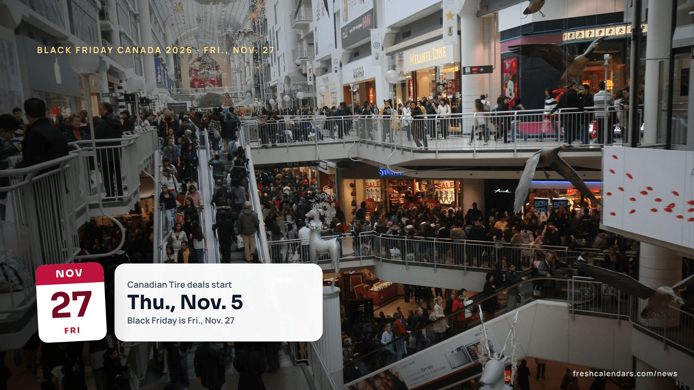 Holiday shoppers crowding the levels of the Toronto Eaton Centre, for Black Friday Canada 2026
