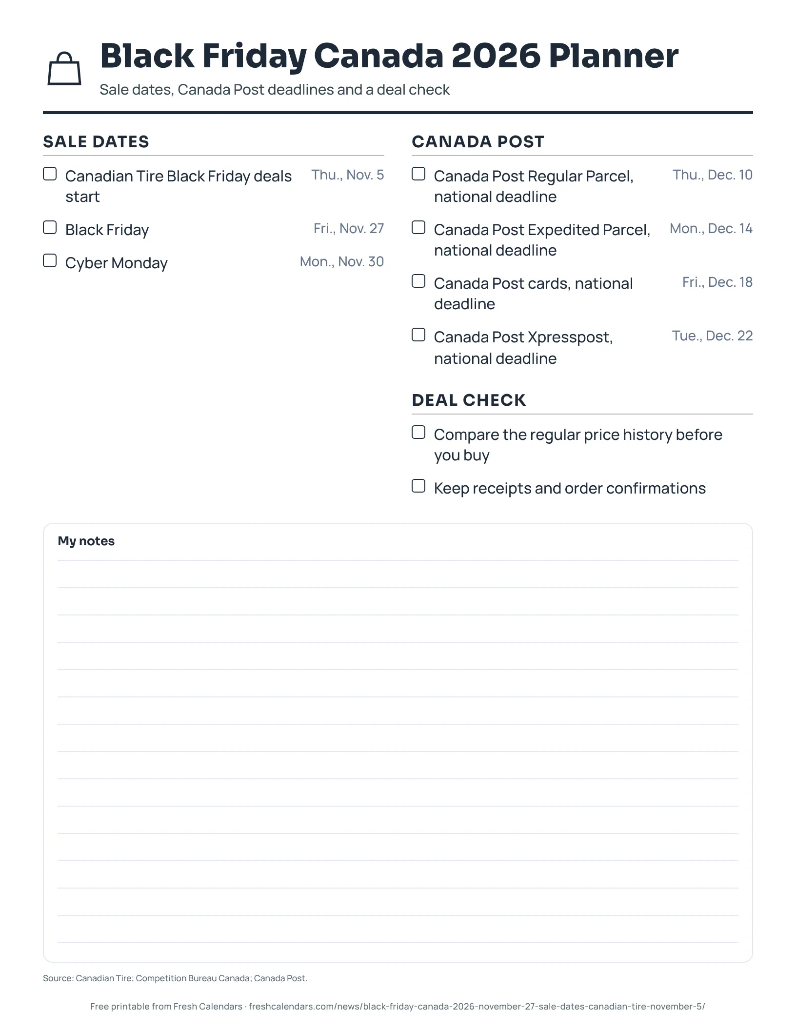 Printable Black Friday Canada 2026 planner with sale dates, Canada Post deadlines and a deal check, ink-saver version