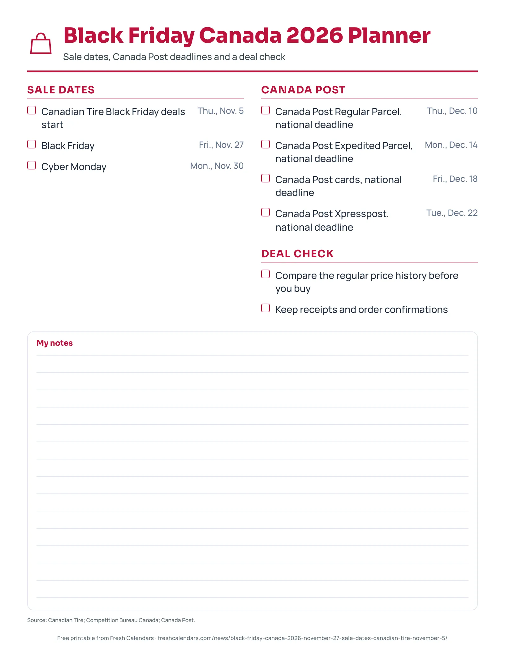 Printable Black Friday Canada 2026 planner with sale dates, Canada Post deadlines and a deal check