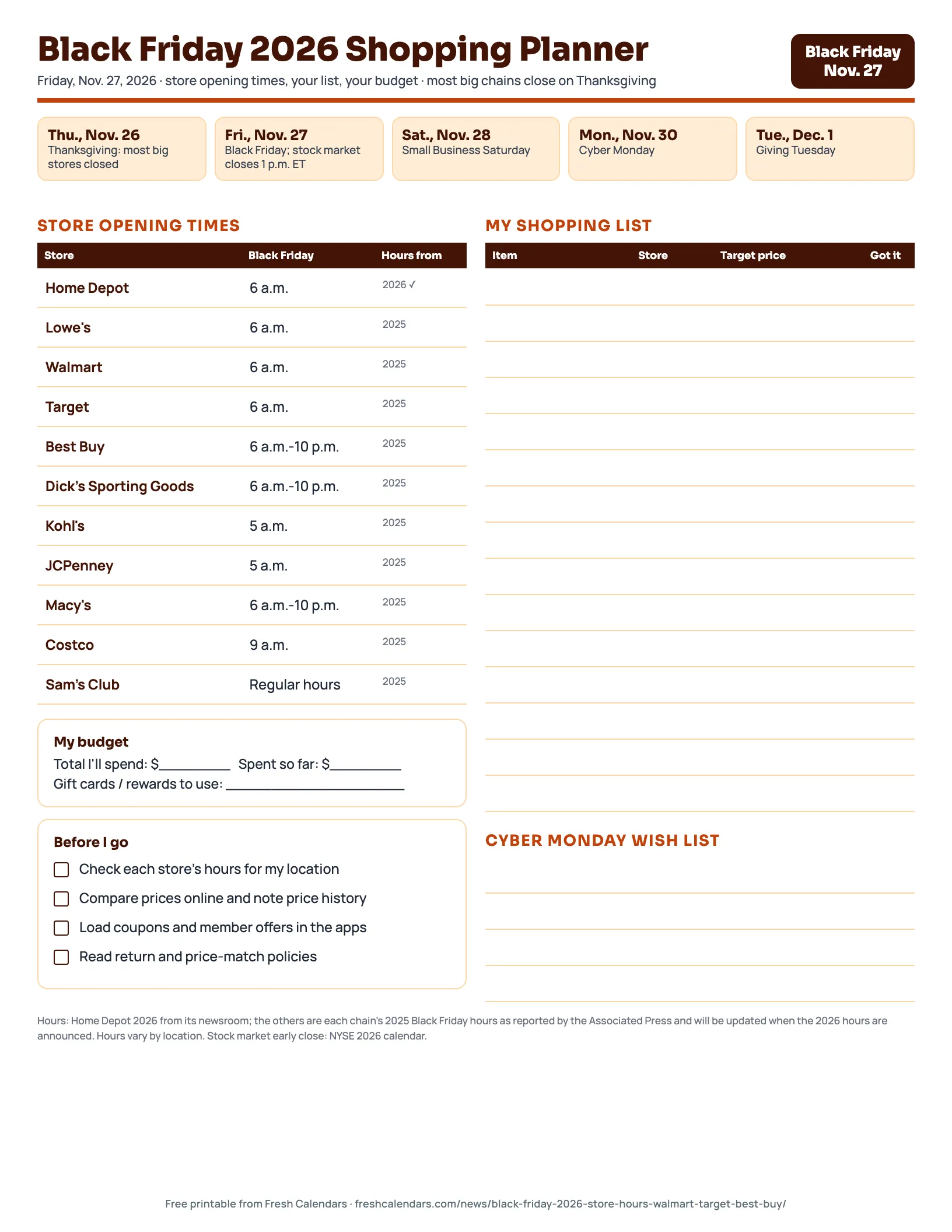 Black Friday 2026 Shopping Planner (Autumn) Black Friday 2026 shopping planner printable in autumn orange with store opening times and a shopping list