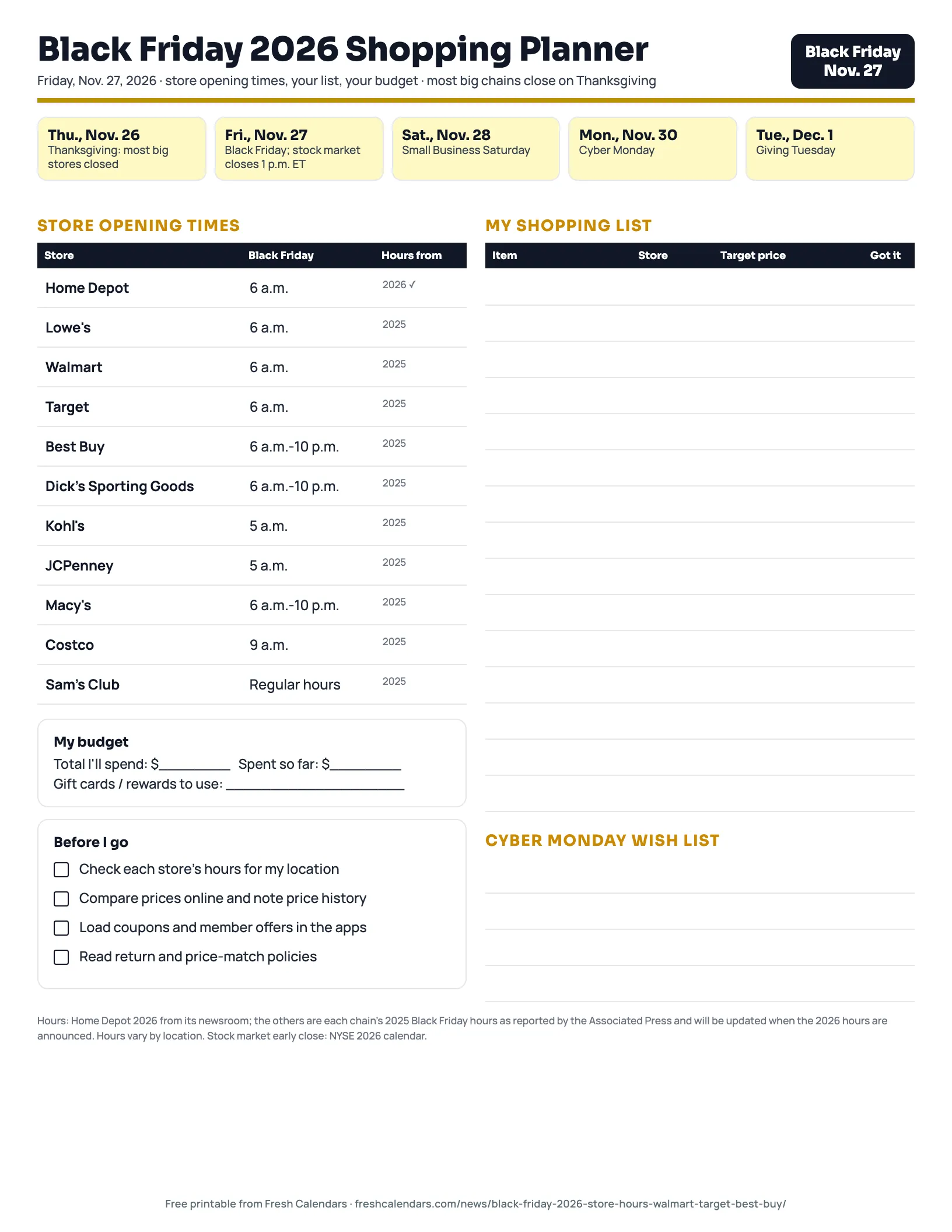 Black Friday 2026 Shopping Planner (Bold) Black Friday 2026 shopping planner printable in black and gold with store opening times, shopping list and budget