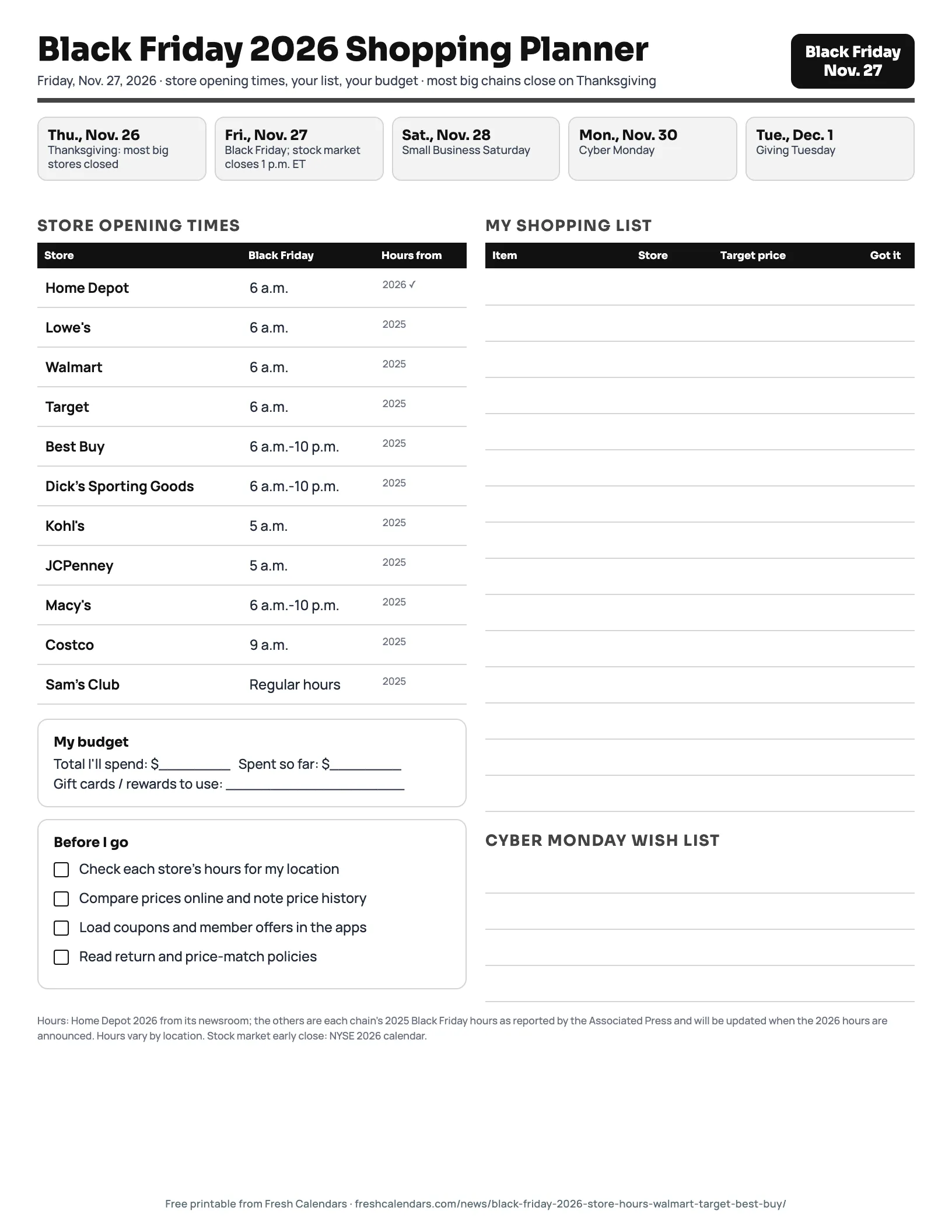 Black Friday 2026 Shopping Planner (Ink Saver) Black Friday 2026 shopping planner printable in black and white ink-saver style with store hours and a list