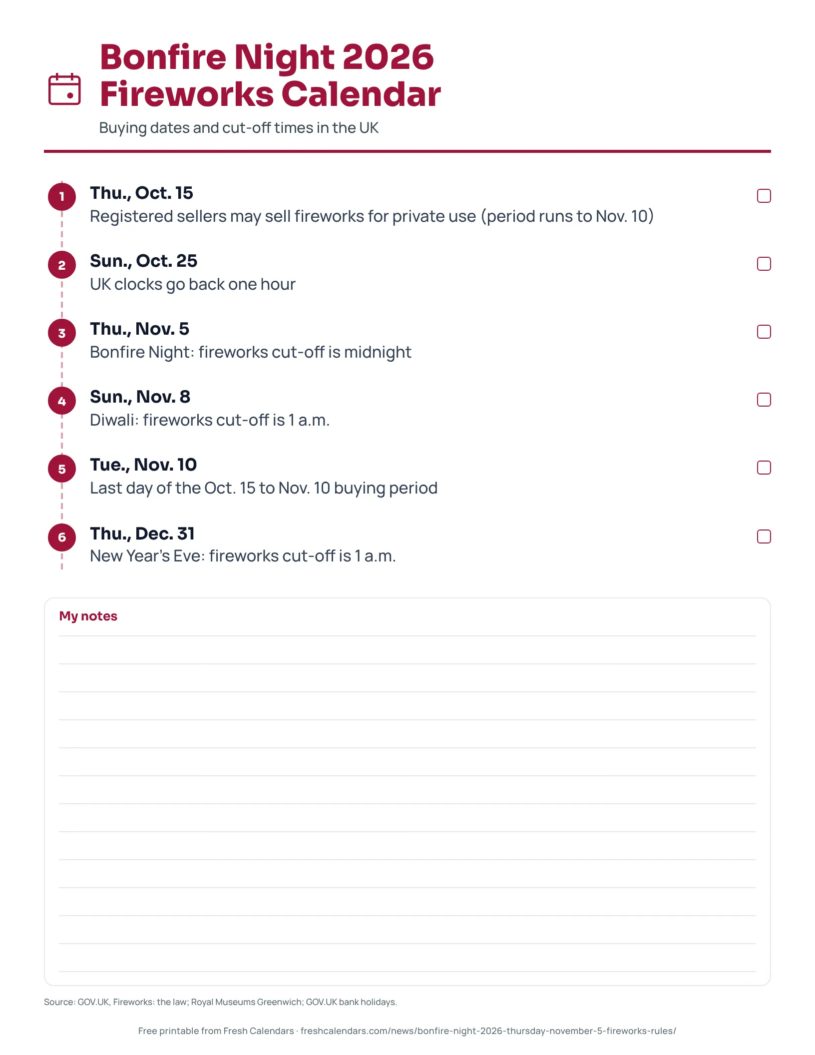 Printable Bonfire Night 2026 timeline with fireworks buying dates and cut-off times.