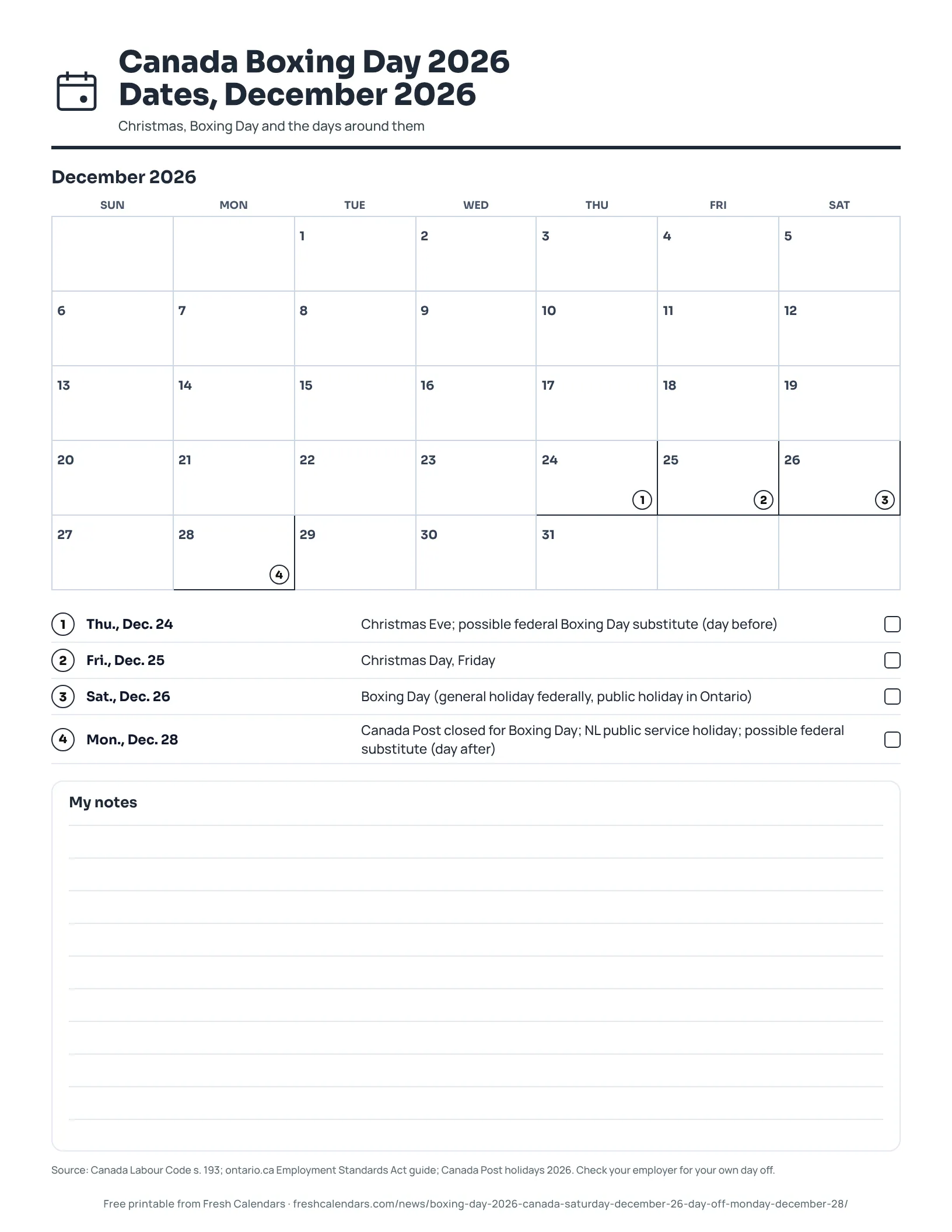 Printable December 2026 calendar marking Dec. 24, 25, 26 and 28 for Boxing Day in Canada, ink-saver version