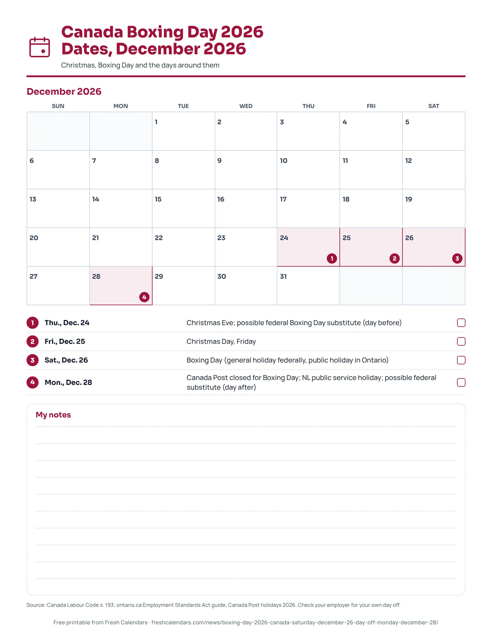 Printable December 2026 calendar marking Dec. 24, 25, 26 and 28 for Boxing Day in Canada.