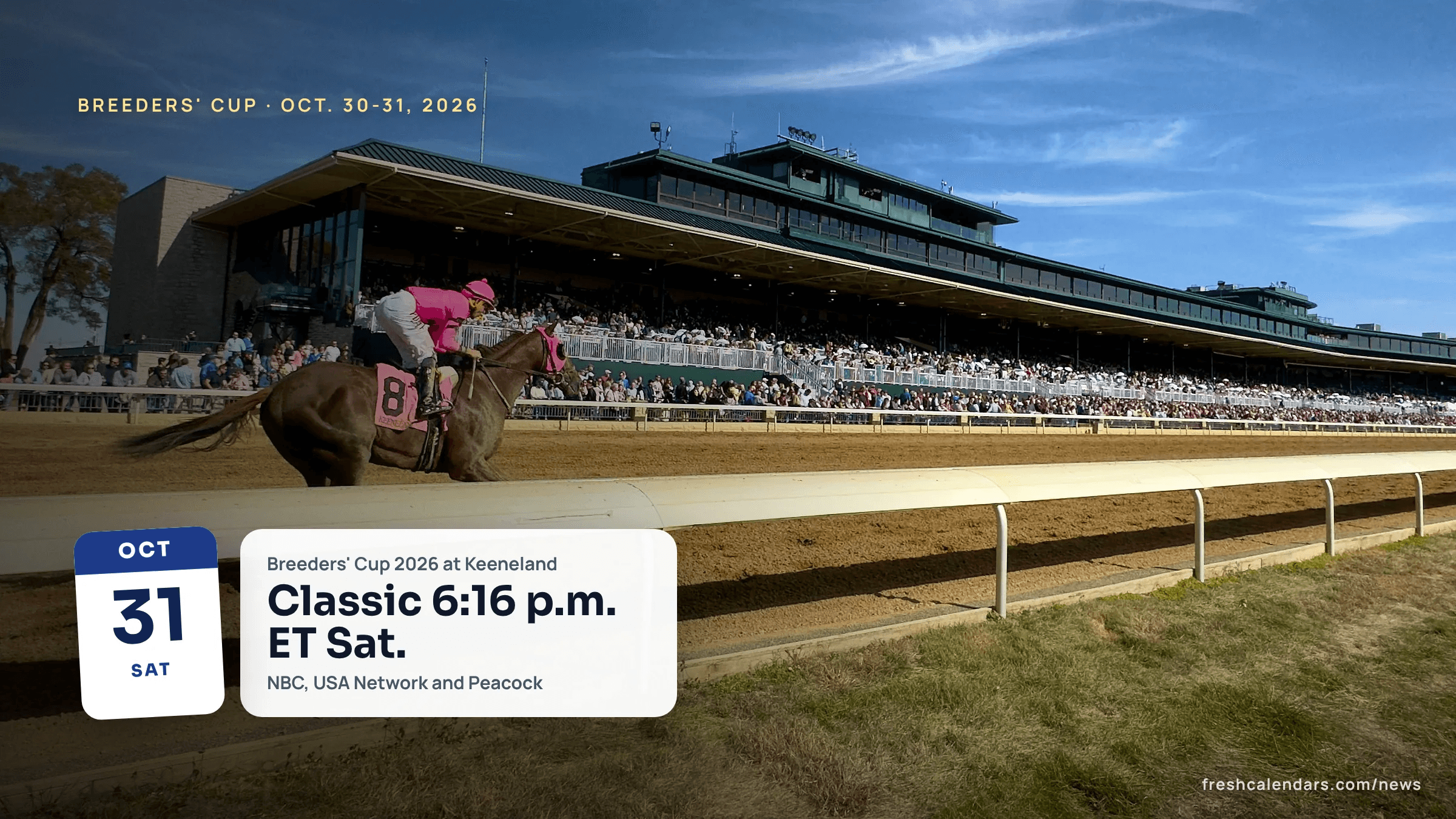 A thoroughbred and jockey race past the packed grandstand at Keeneland Race Course in Lexington, Kentucky