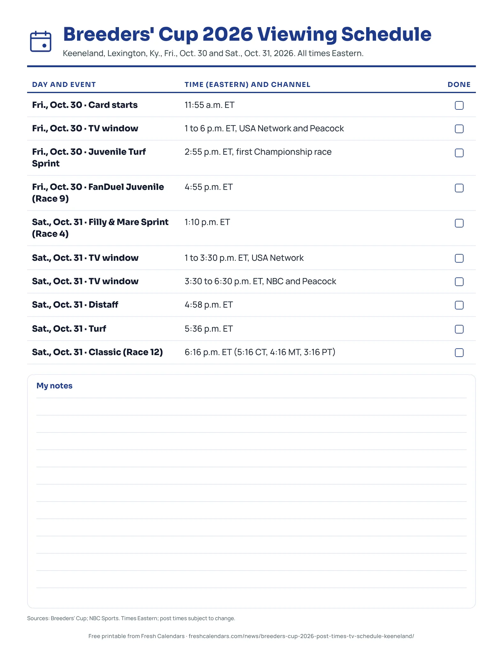 Breeders' Cup 2026 Viewing Schedule Breeders' Cup 2026 viewing schedule listing post times and TV channels for Friday and Saturday in Eastern Time