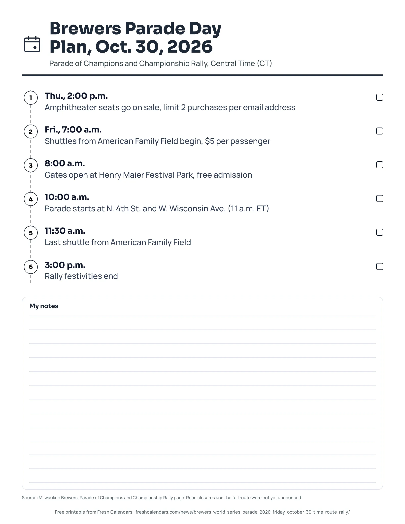 Brewers Parade Day Plan, Oct. 30, 2026 (ink saver) Brewers Parade of Champions day plan printable with seat sale, shuttle, gate, parade start and rally end times in Central Time, ink-saver version