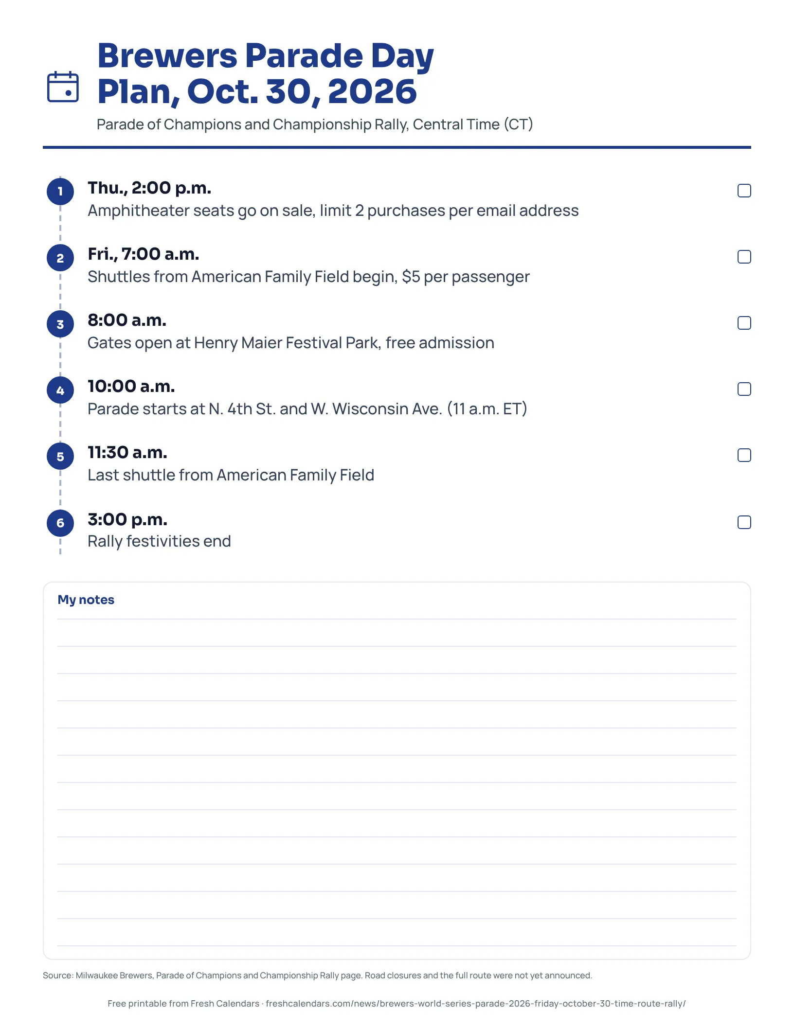 Brewers Parade Day Plan, Oct. 30, 2026 Brewers Parade of Champions day plan printable with seat sale, shuttle, gate, parade start and rally end times in Central Time