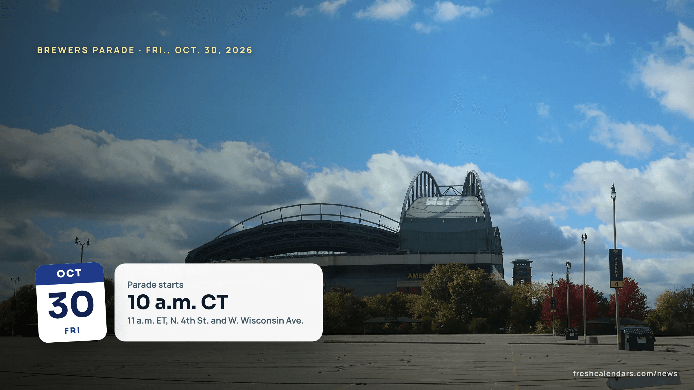 American Family Field in Milwaukee, where shuttles run for the Brewers World Series parade on Friday, Oct. 30, 2026