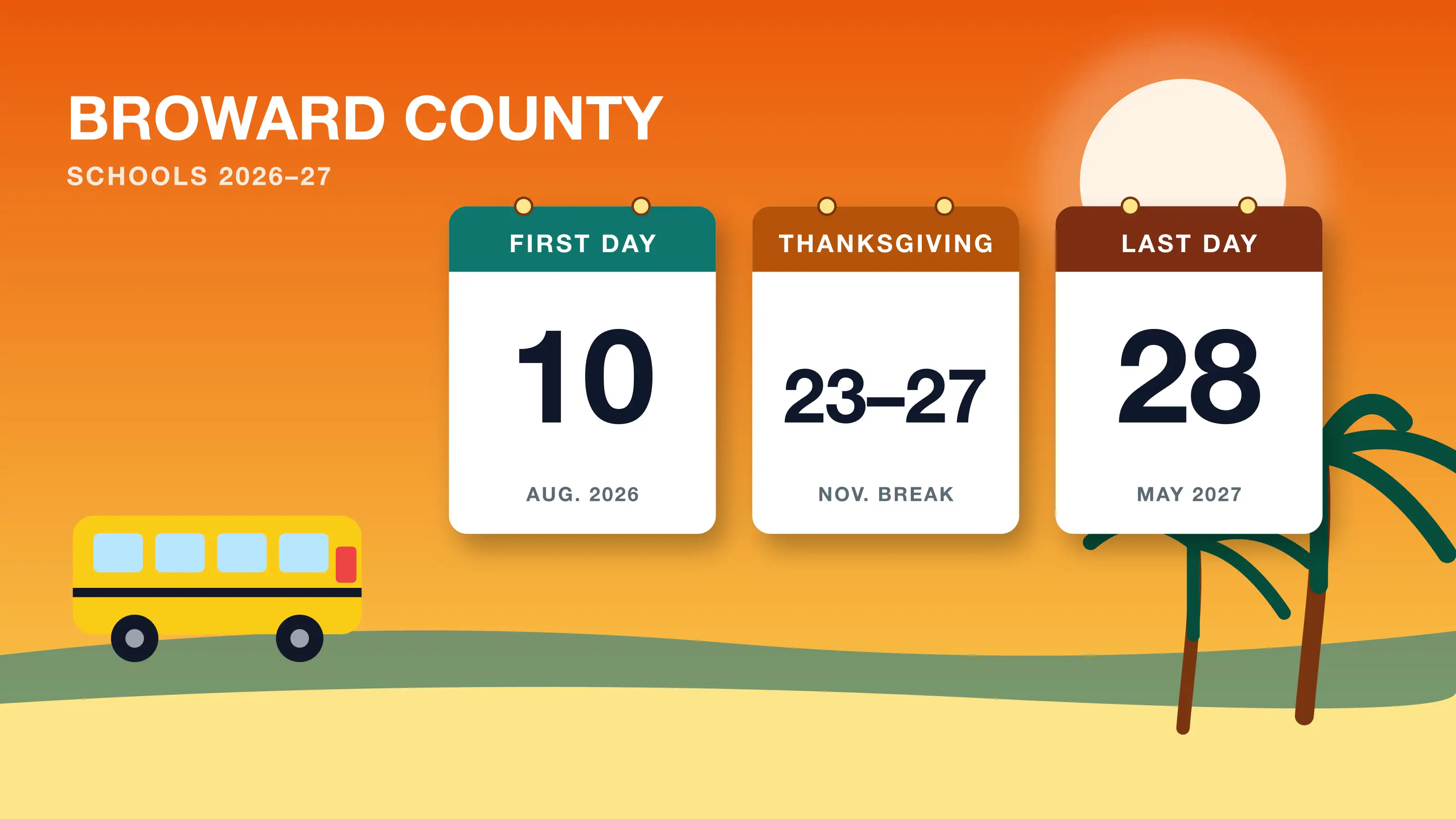 Broward County school calendar 2026-27: calendar cards for Thanksgiving break Nov. 23-27, winter break and the May 28 last day