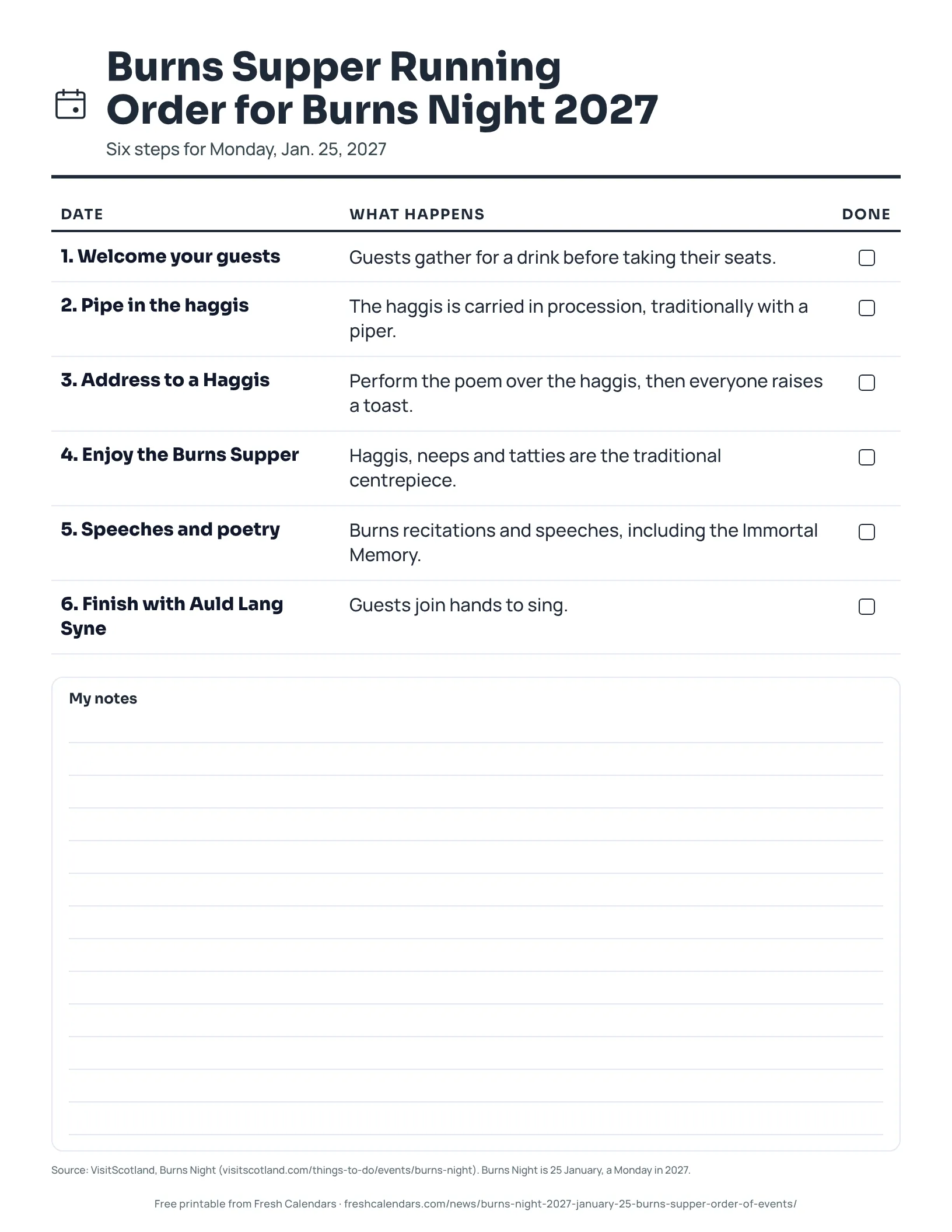 Burns Supper Running Order for Burns Night 2027 (ink saver) Printable six-step running order for a Burns Supper on Burns Night 2027, ink-saver version