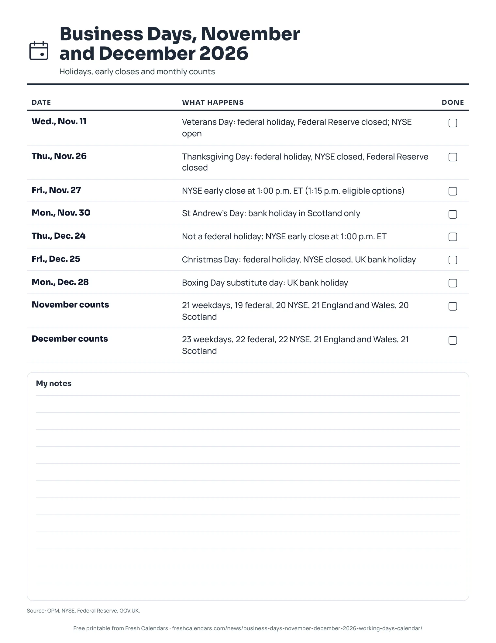 Business days printable for November and December 2026 listing holidays, early closes and monthly counts, ink-saver version