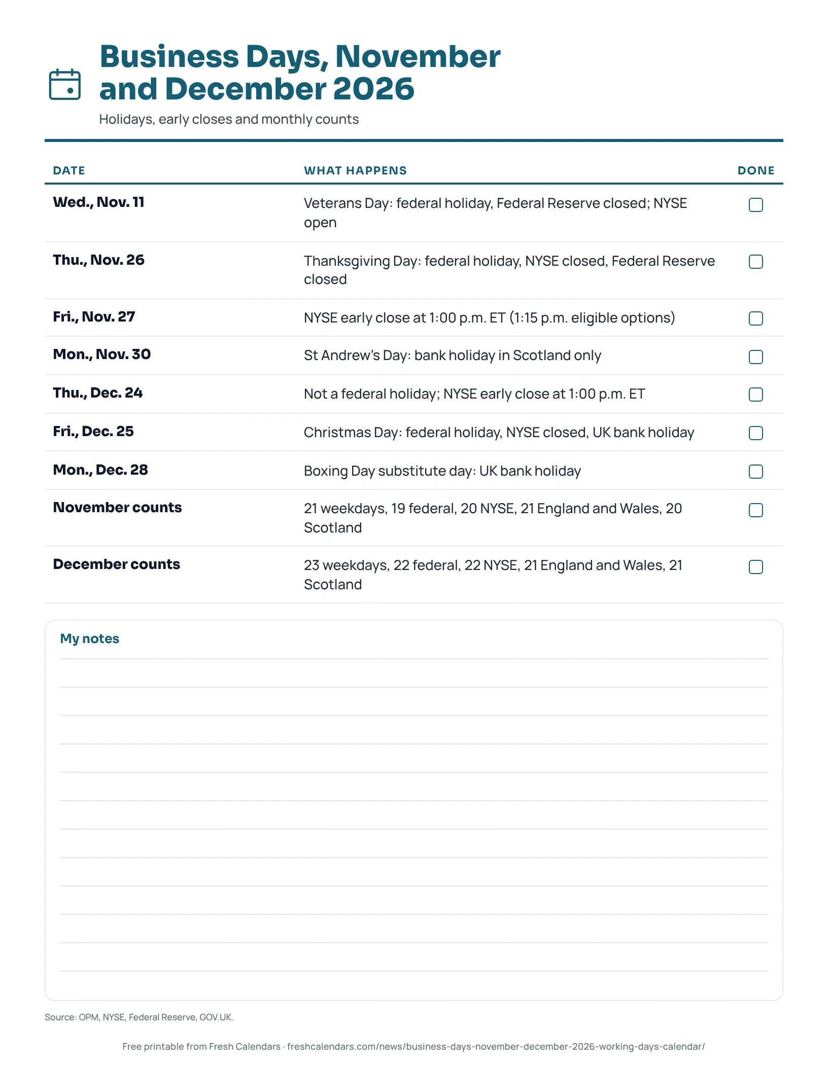 Business days printable for November and December 2026 listing holidays, early closes and monthly counts