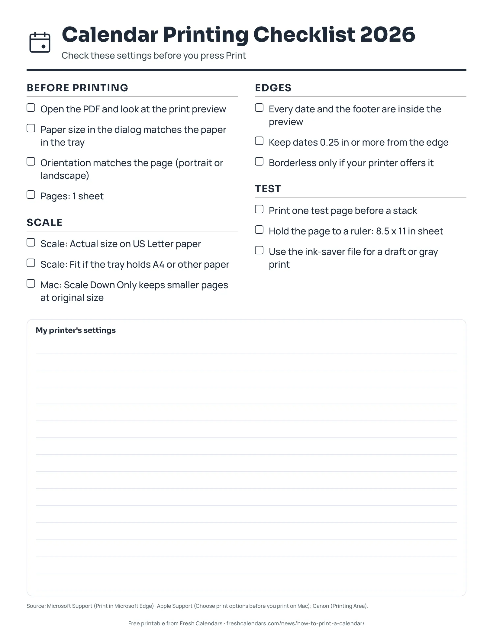 Printable calendar printing checklist for 2026 with paper, scale, edge and test-page checks, ink-saver version