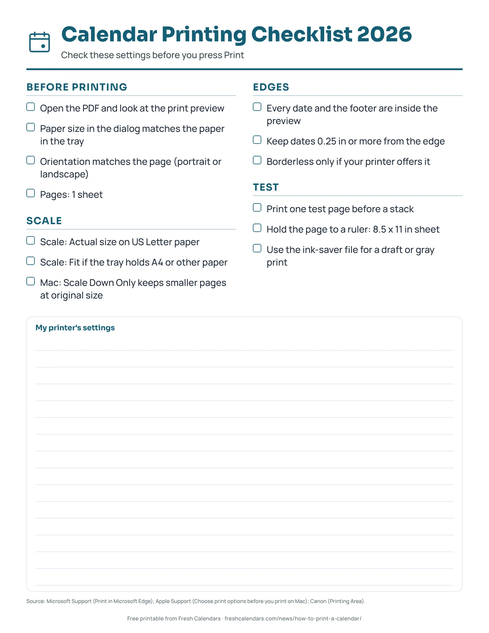 Printable calendar printing checklist for 2026 with paper, scale, edge and test-page checks
