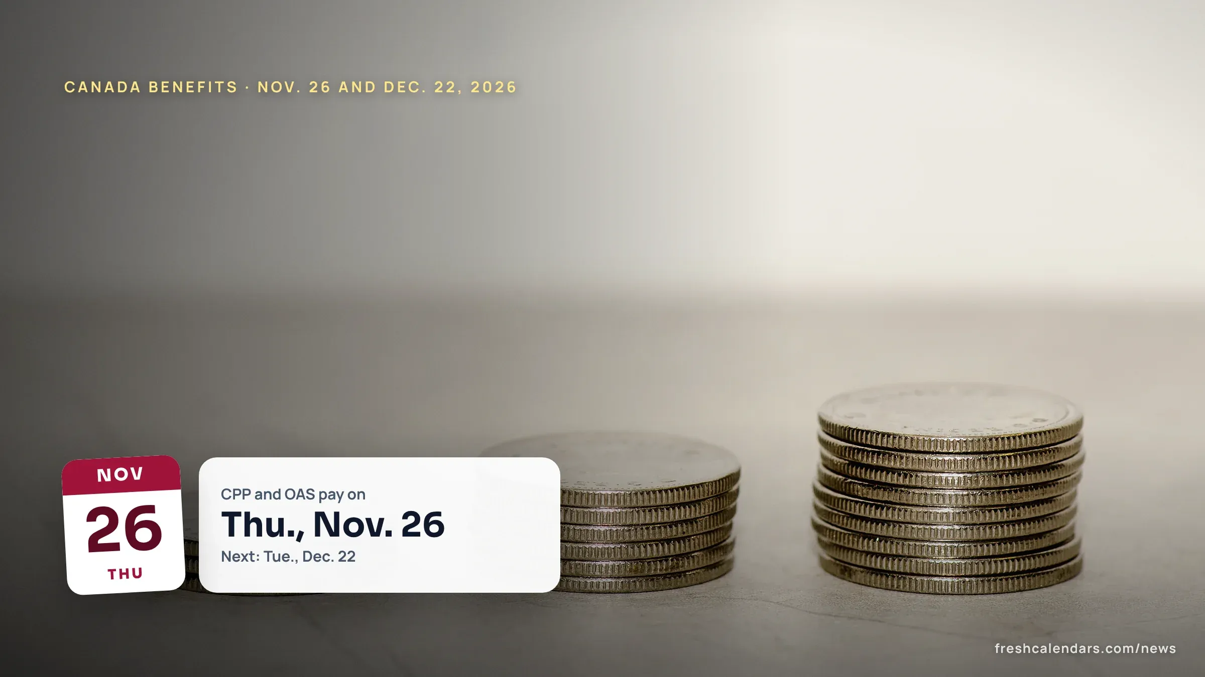 CPP Payment Dates November 2026: CPP and OAS on Nov. 26, CCB on Nov. 20, plus December Stacks of Canadian coins on a table, for Canada benefit payment dates in November and December 2026