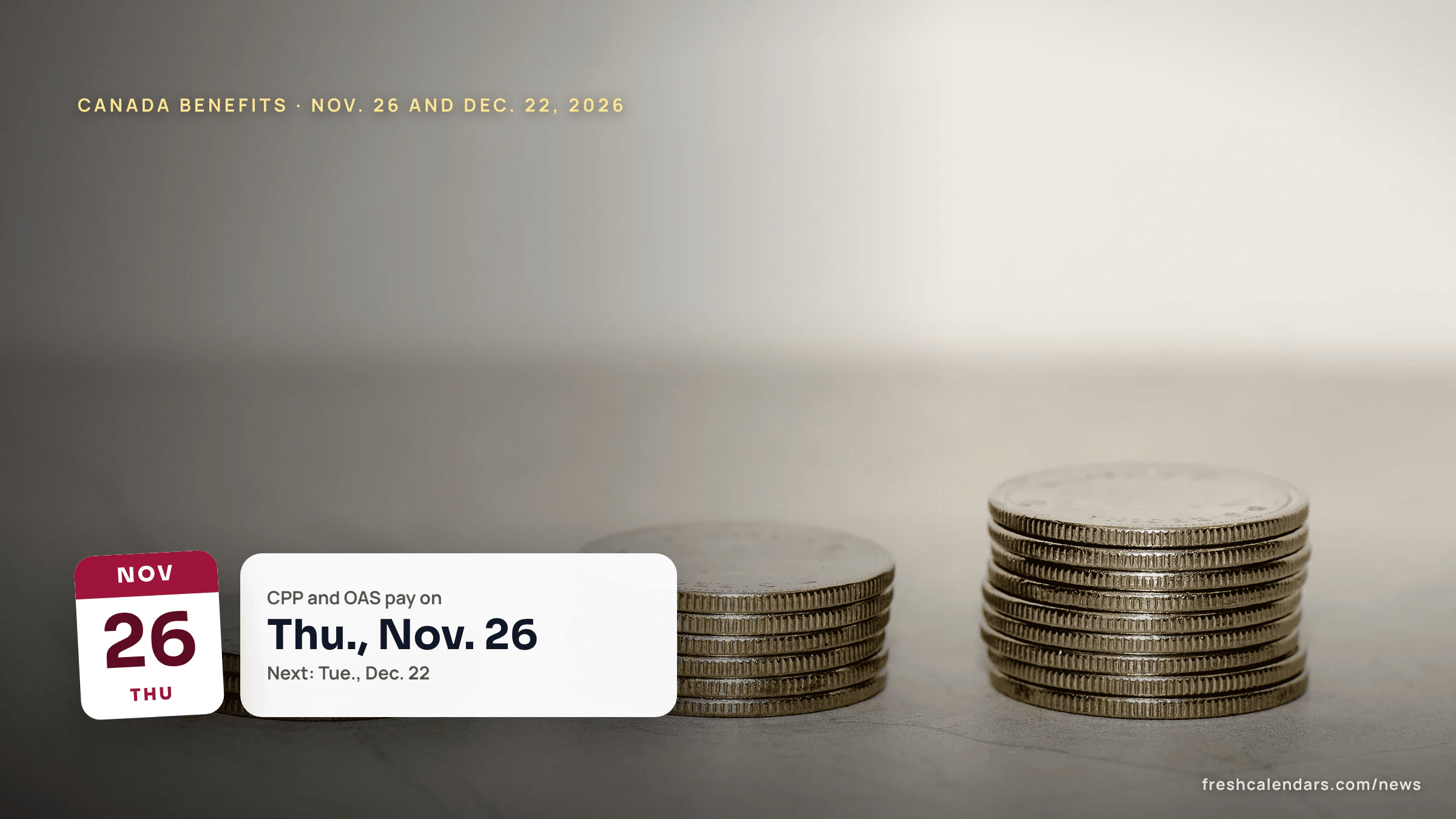 Stacks of Canadian coins on a table, for Canada benefit payment dates in November and December 2026