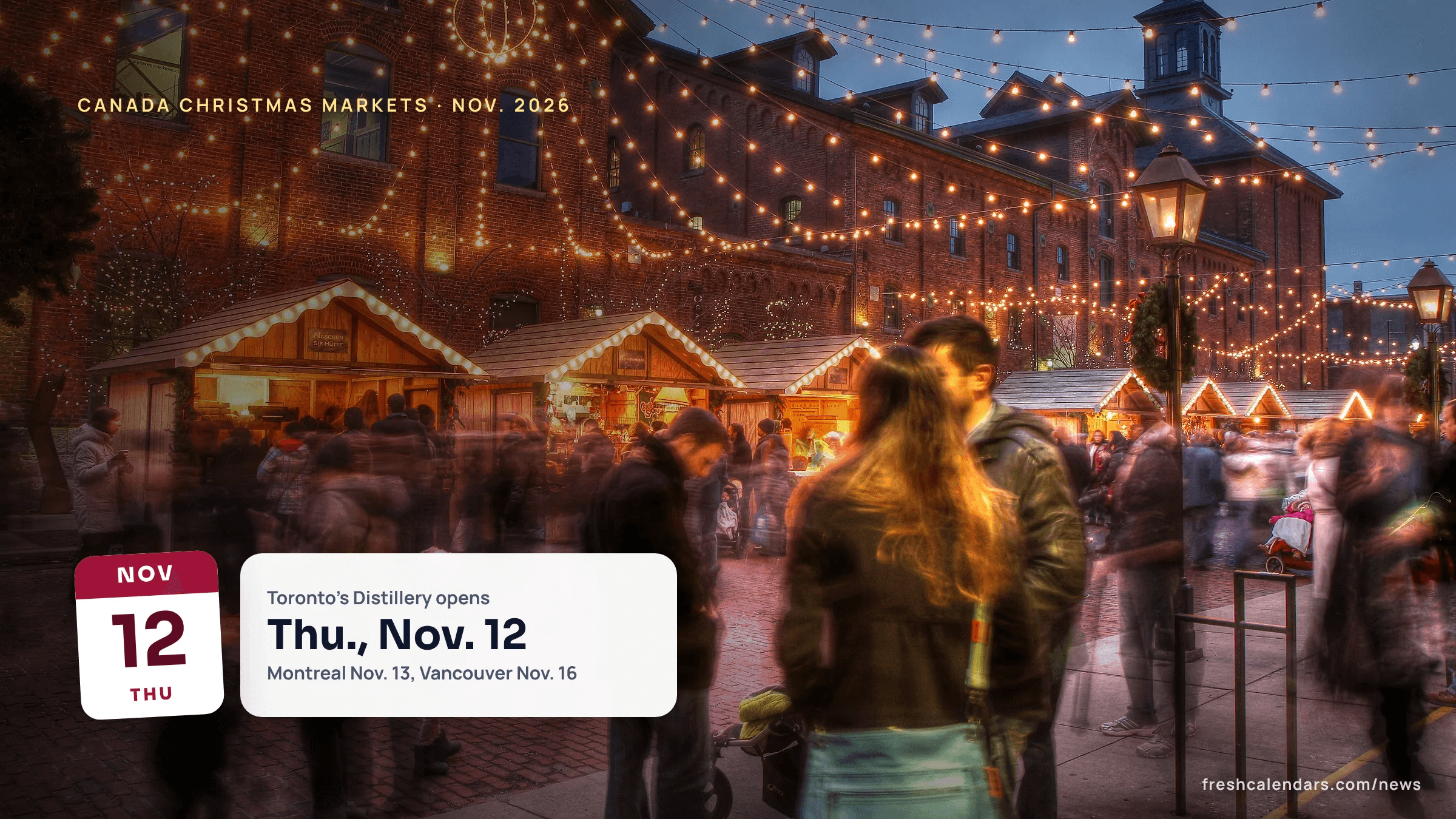 String lights and wooden stalls at the Christmas market in Toronto's Distillery District, file photo, for Canada Christmas markets 2026 dates