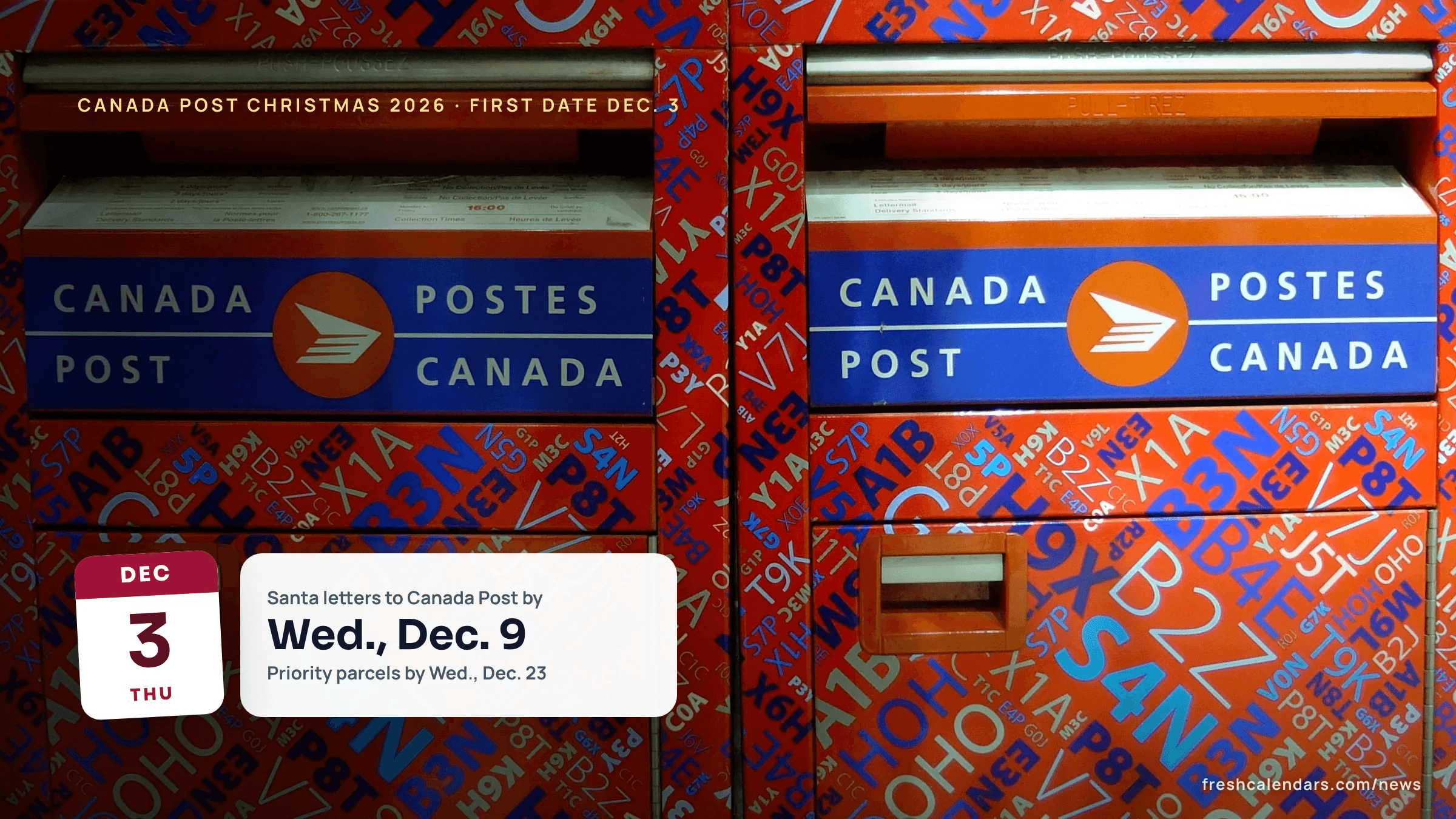 Two red Canada Post mailboxes printed with postal codes stand side by side