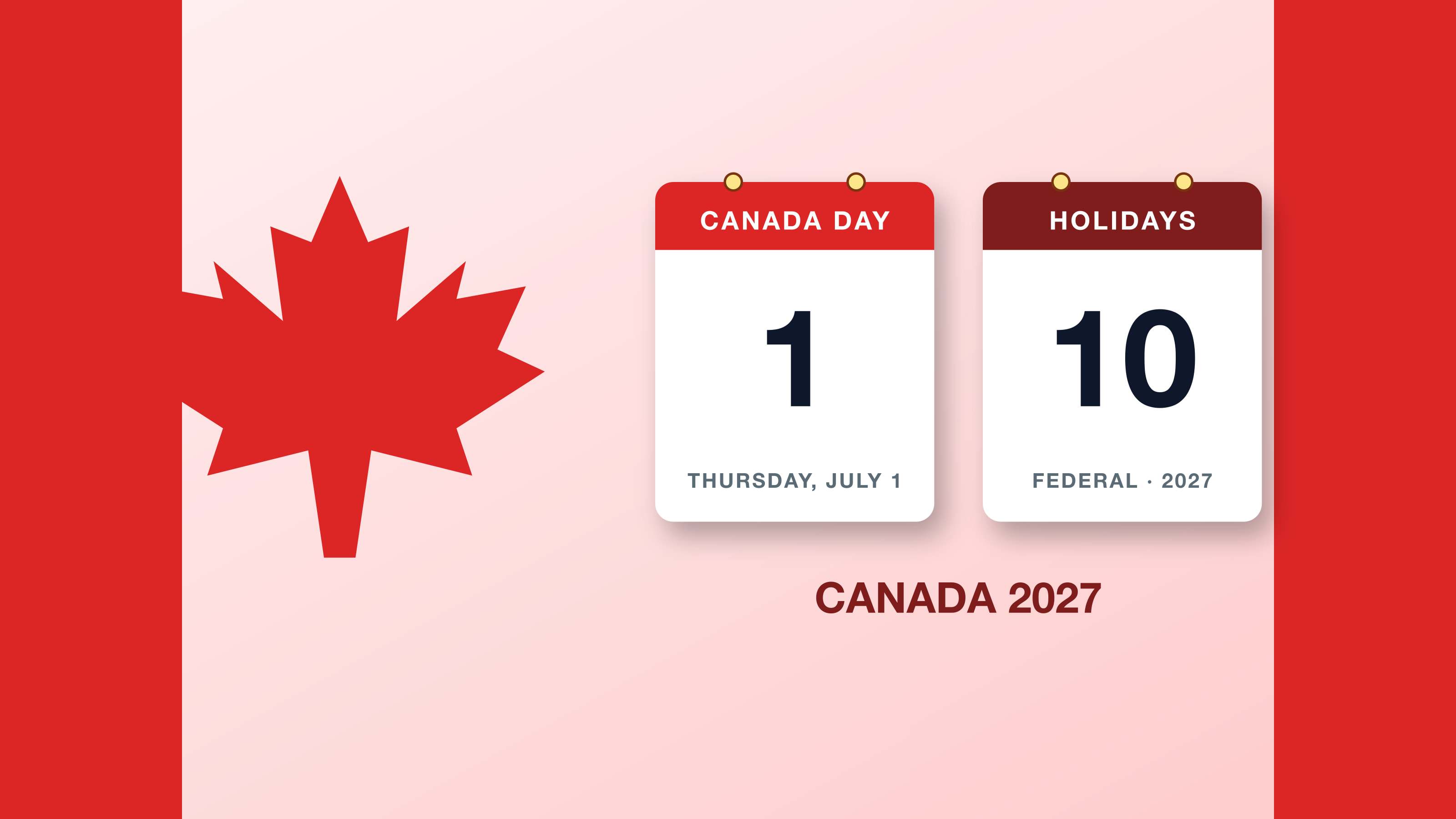 Canada statutory holidays 2027: a maple leaf over calendar cards for Canada Day July 1, Thanksgiving Oct. 11 and Christmas Dec. 25