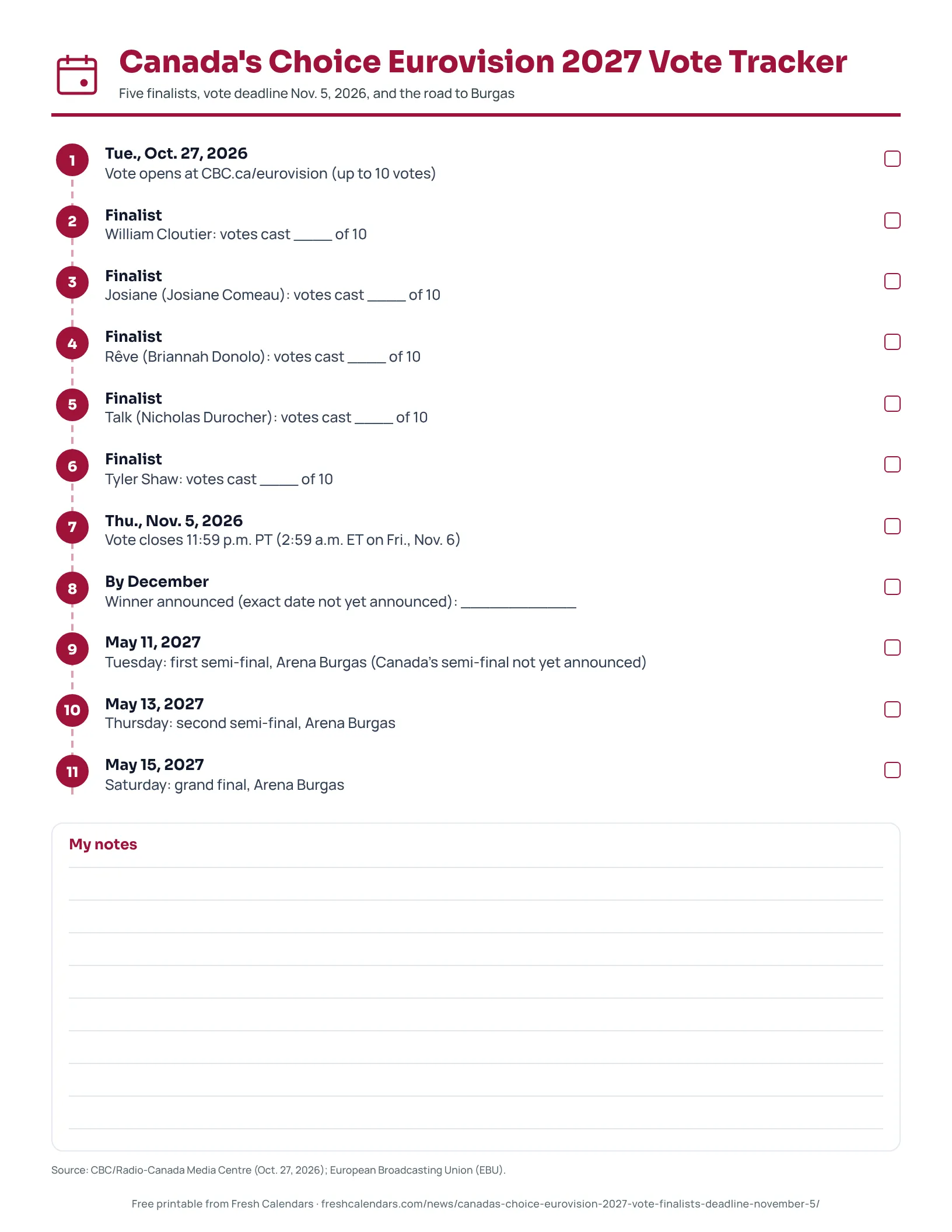 Canada's Choice Eurovision 2027 Vote Tracker Printable vote tracker for Canada's Choice Eurovision 2027 with the five finalists, the Nov. 5 deadline and the Burgas dates