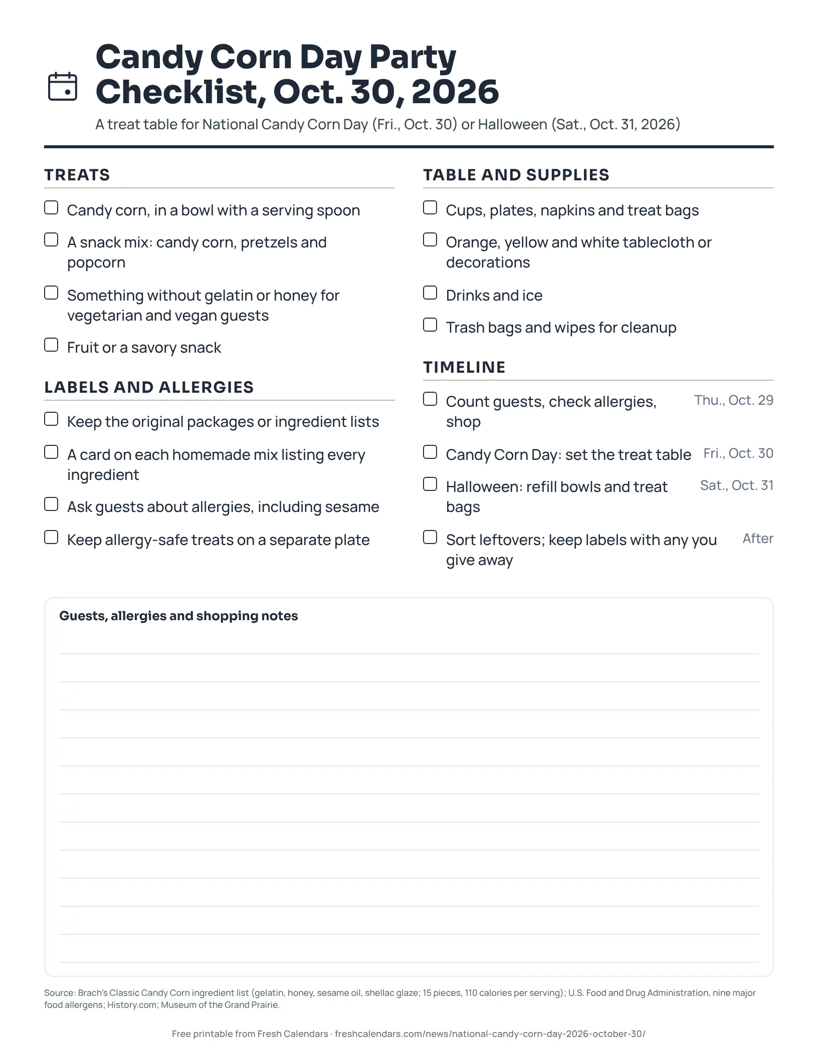 Printable Candy Corn Day party checklist for Oct. 30, 2026 with treats, allergen labels, supplies and a timeline, ink-saver version