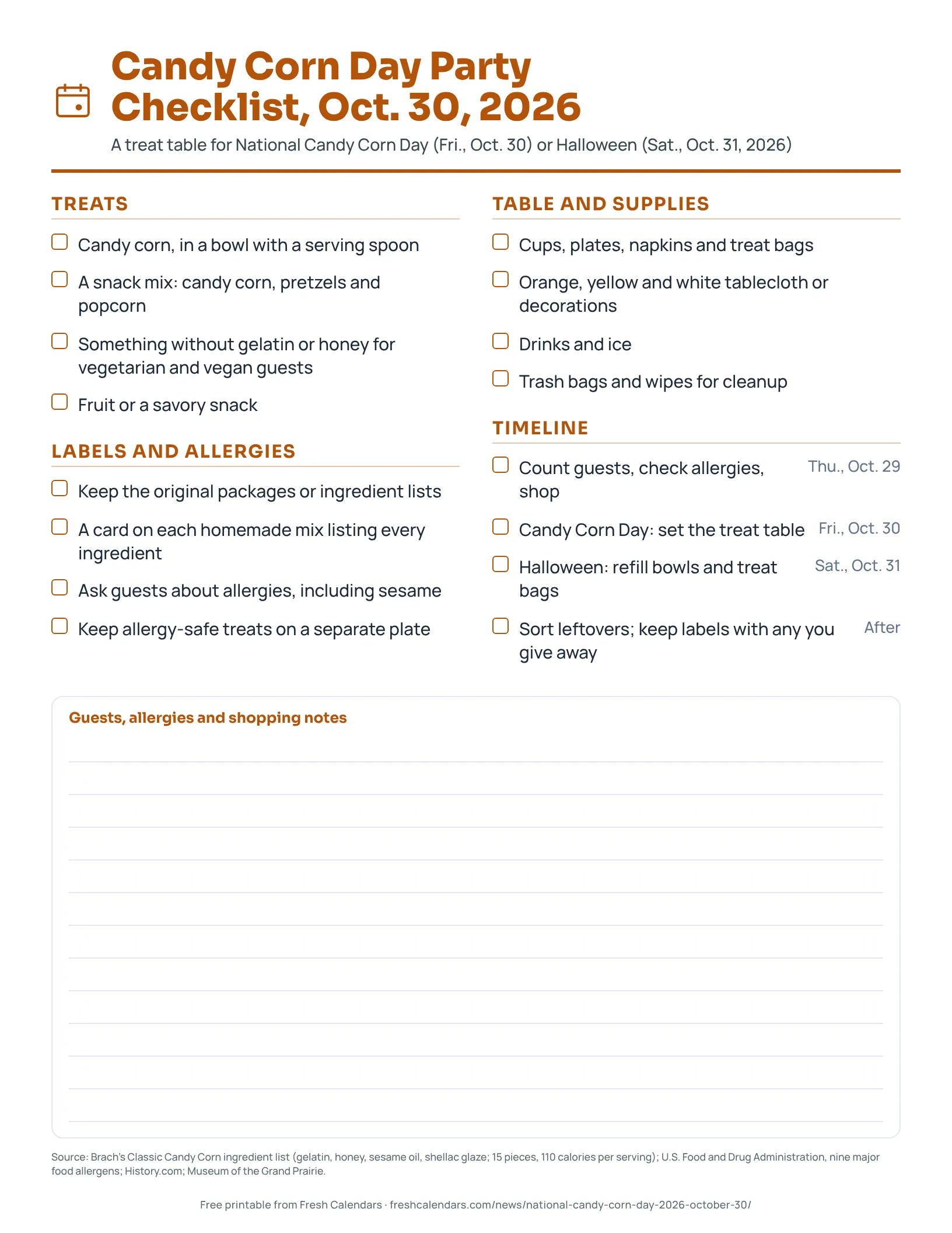 Printable Candy Corn Day party checklist for Oct. 30, 2026 with treats, allergen labels, supplies and a timeline
