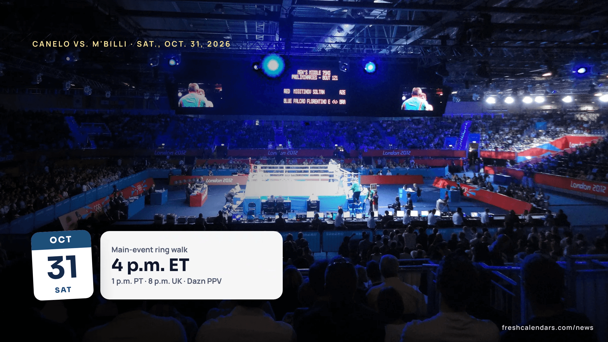 Canelo vs. M'Billi time: a lit boxing ring in a dark arena, file photo for the Oct. 31, 2026 fight