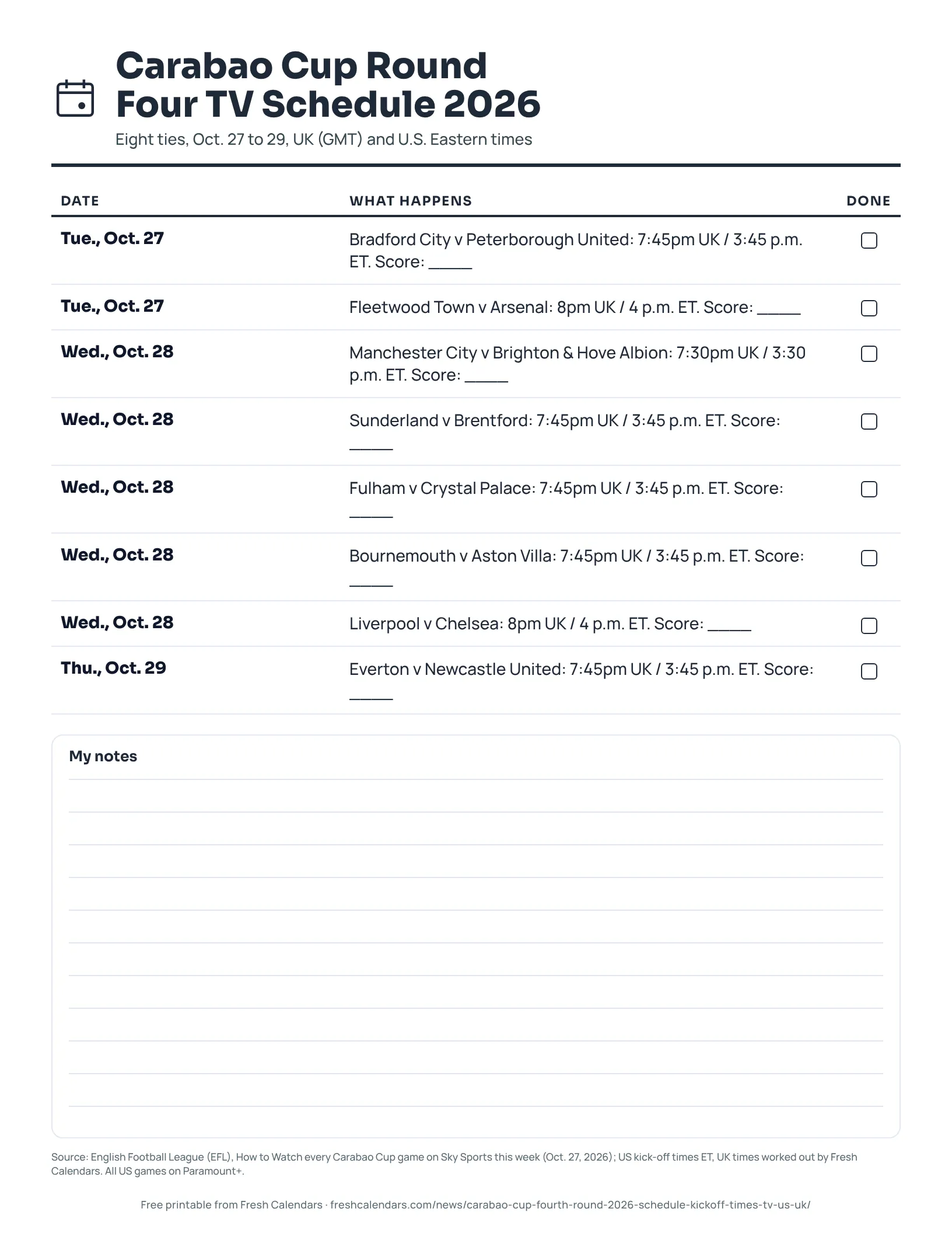 Printable Carabao Cup Round Four TV schedule 2026 listing eight ties with UK and Eastern times and a score column, ink-saver version
