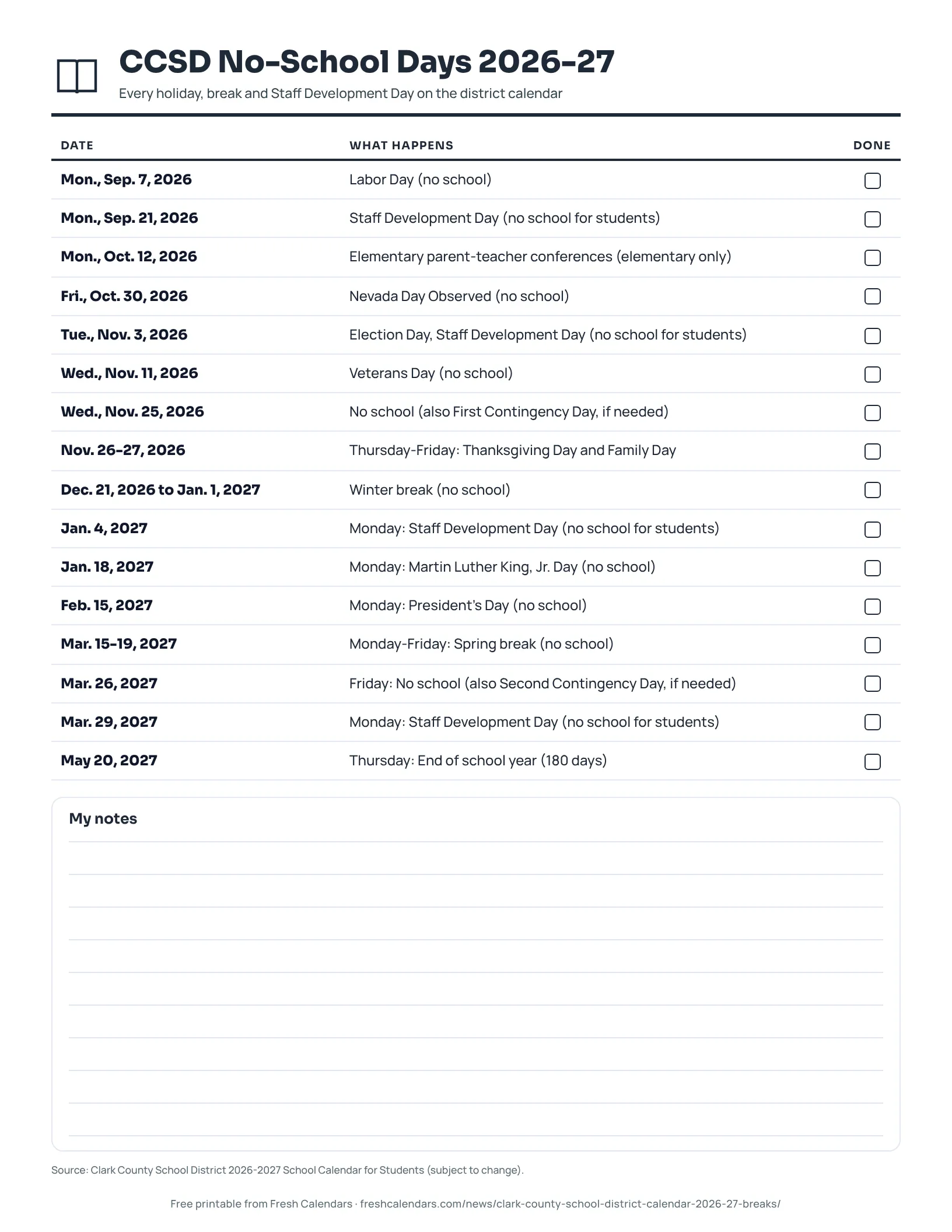 CCSD No-School Days 2026-27 (ink saver) CCSD 2026-27 printable list of no-school days, breaks and holidays, ink-saver version