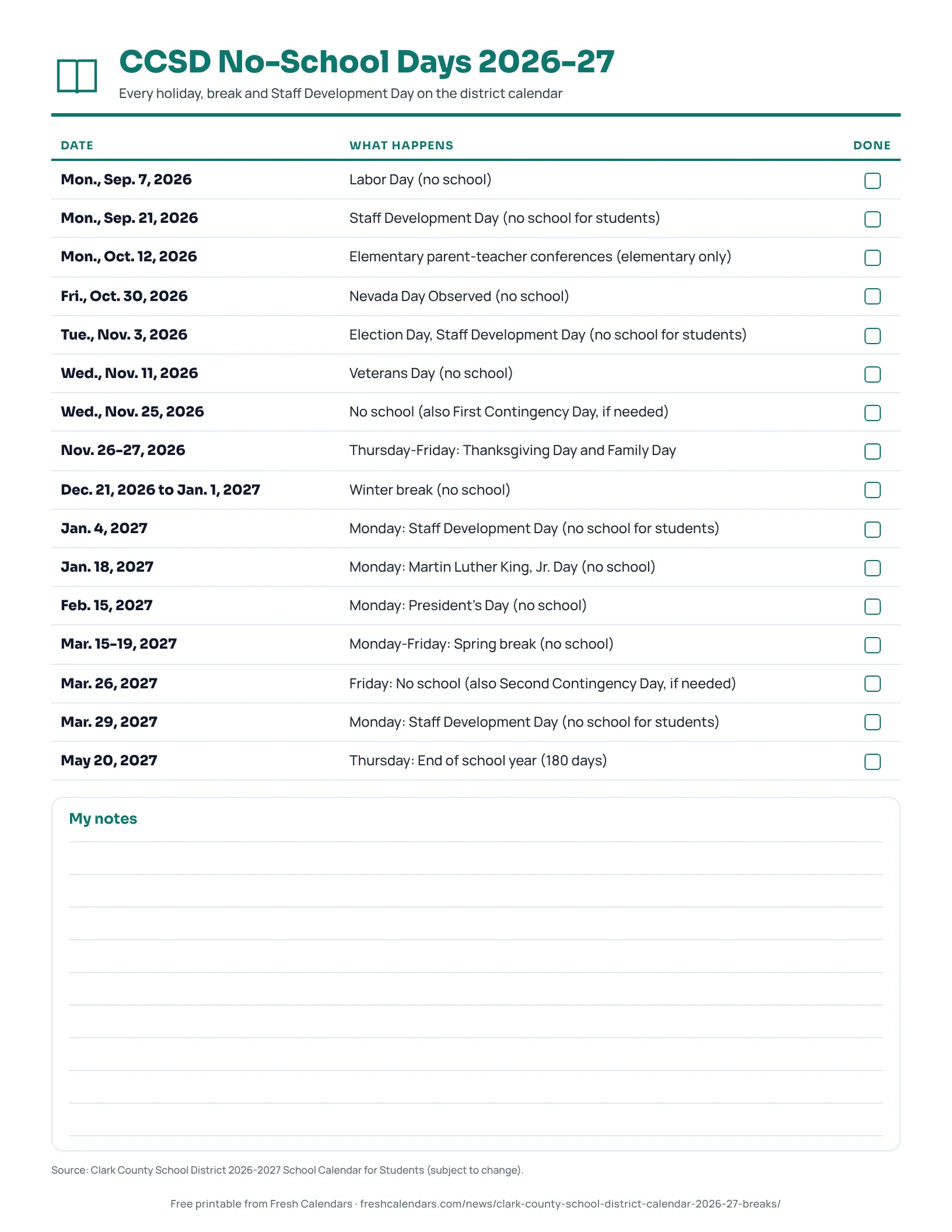 CCSD No-School Days 2026-27 CCSD 2026-27 printable list of no-school days, breaks and holidays