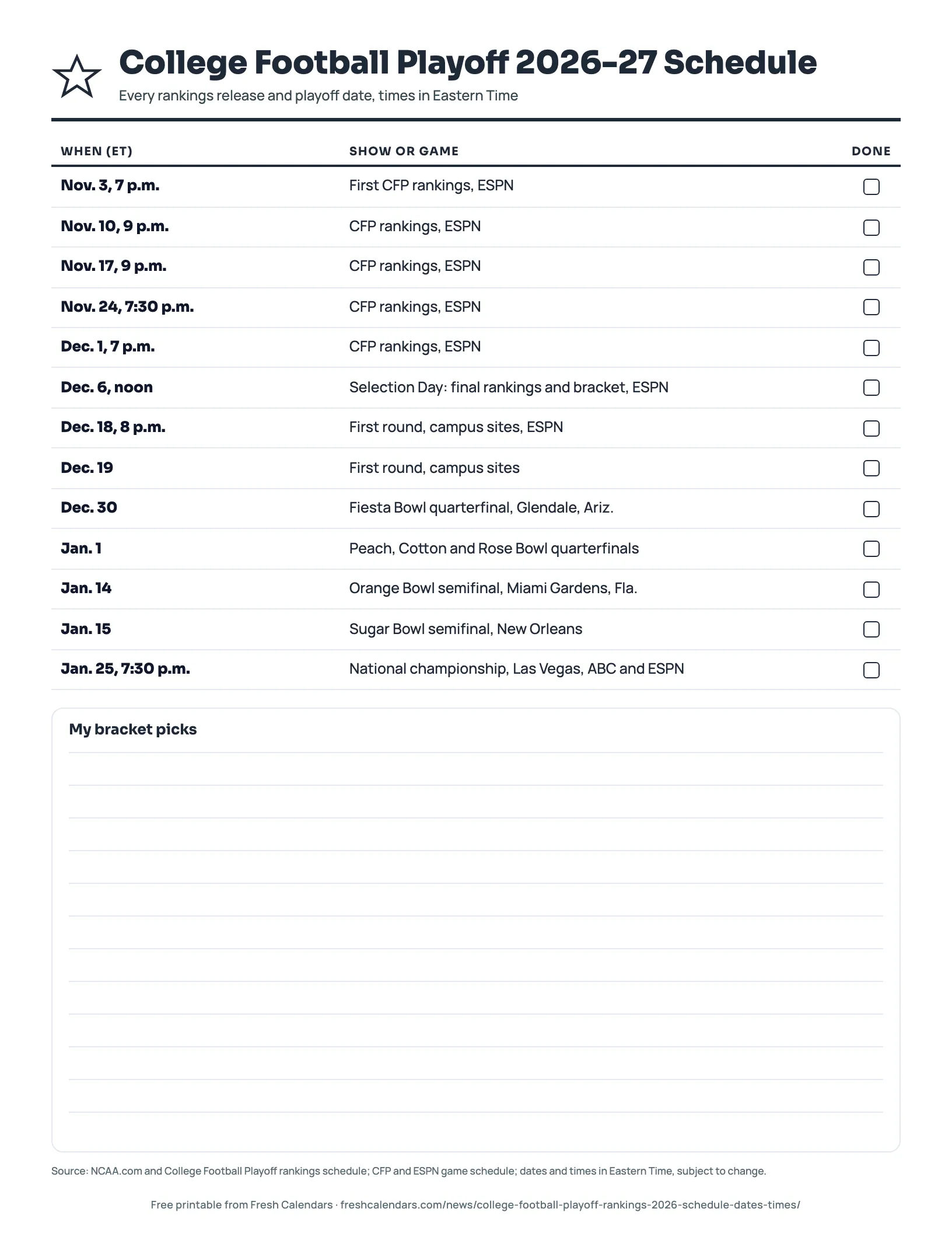 College Football Playoff 2026-27 schedule printable listing six rankings shows and every playoff game with dates and Eastern Time start time, ink-saver version