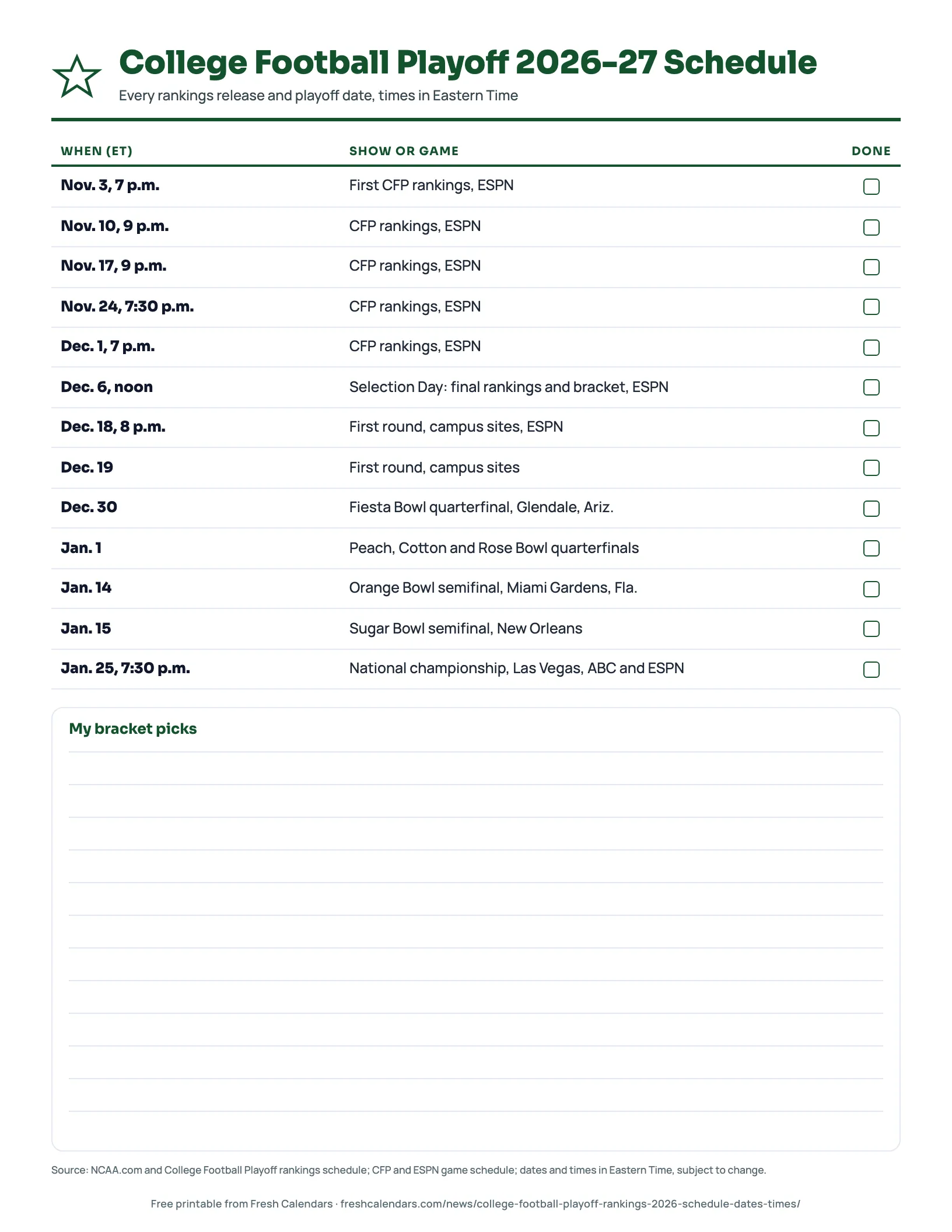 College Football Playoff 2026-27 schedule printable listing six rankings shows and every playoff game with dates and Eastern Time start times