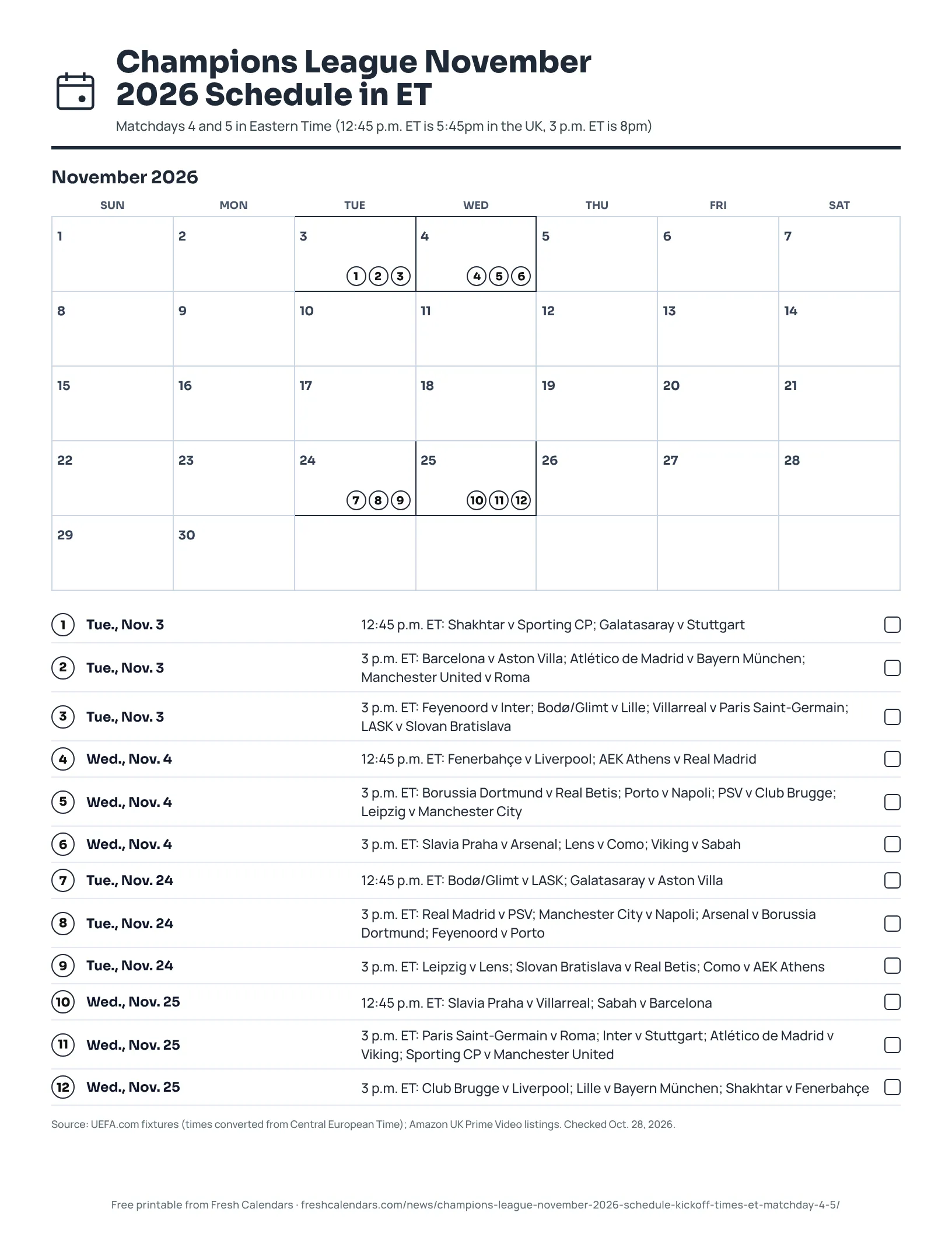 Champions League November 2026 Schedule in ET (ink saver) Printable Champions League November 2026 schedule in Eastern Time listing matchday 4 and 5 games by kickoff slot, ink-saver version