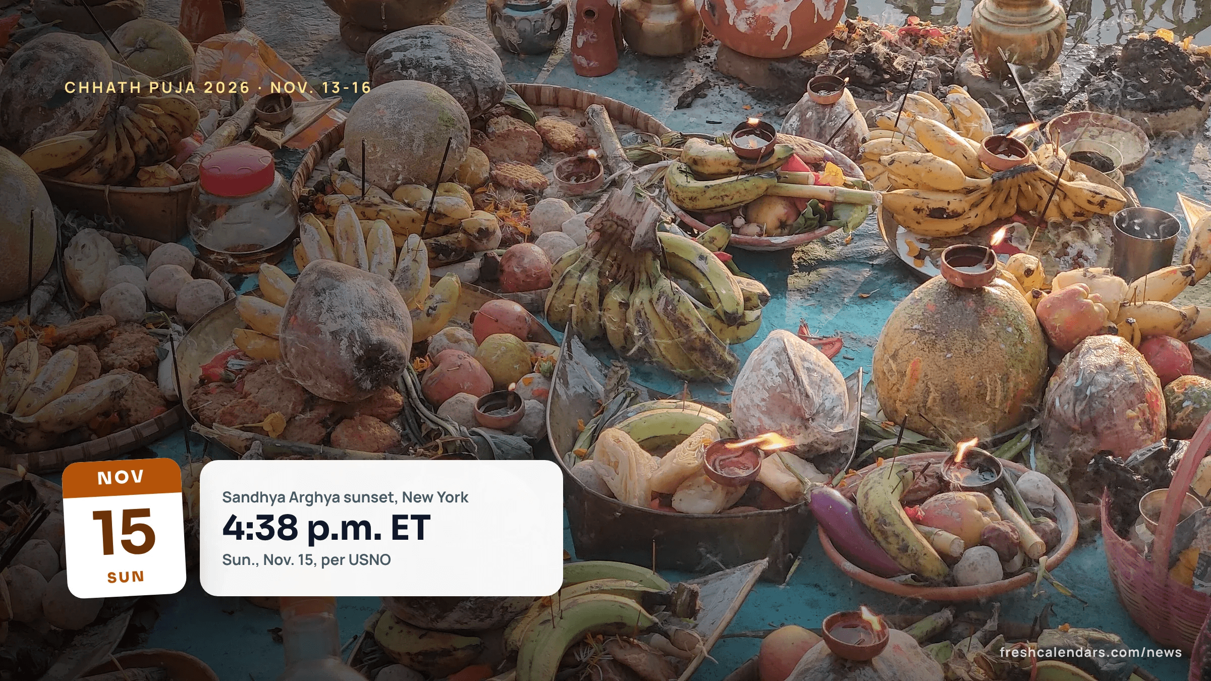 Chhath Puja prasad offerings of bananas, coconuts, fruit and clay pots