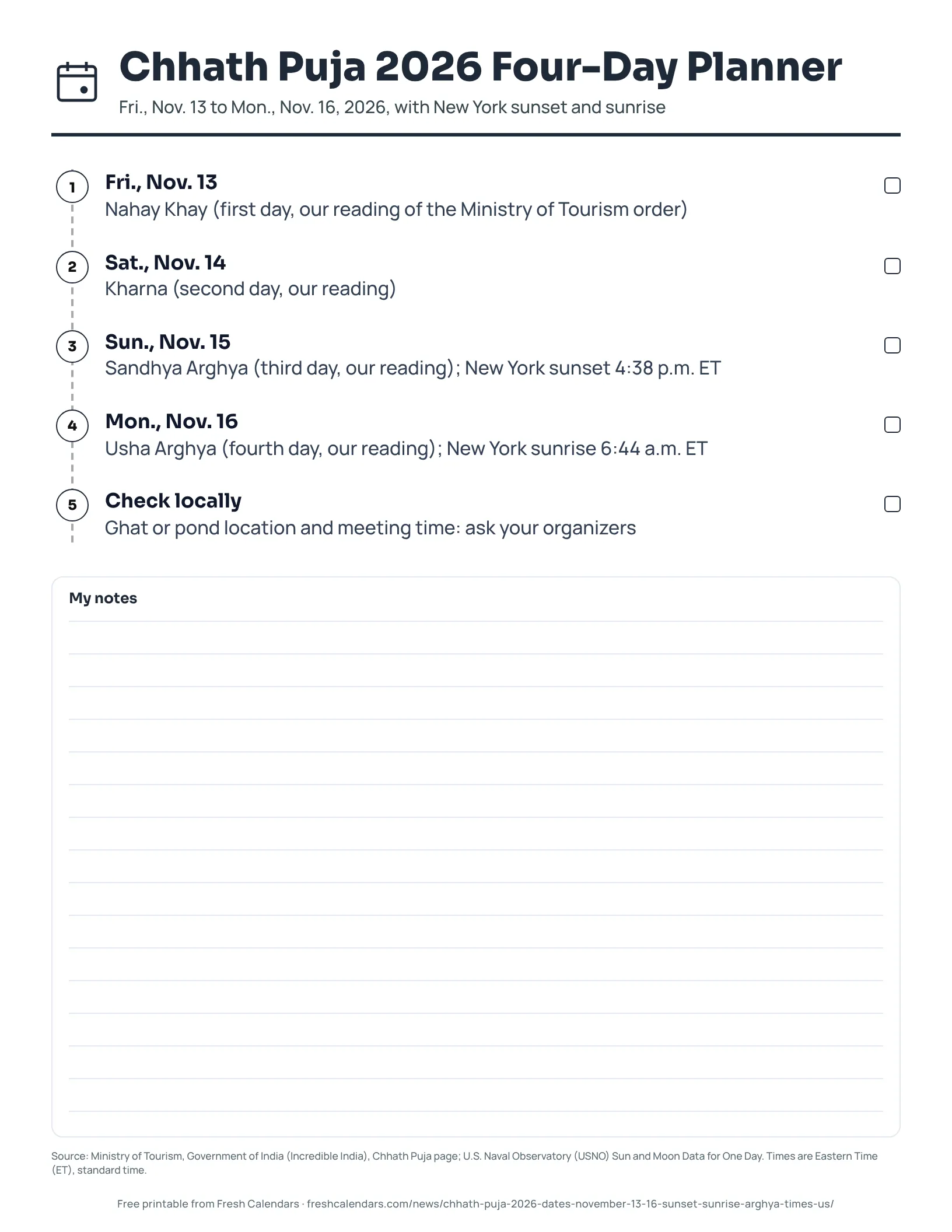 Chhath Puja 2026 Four-Day Planner (ink saver) Chhath Puja 2026 four-day planner listing Nov. 13 to Nov. 16 with New York sunset and sunrise times, ink-saver version