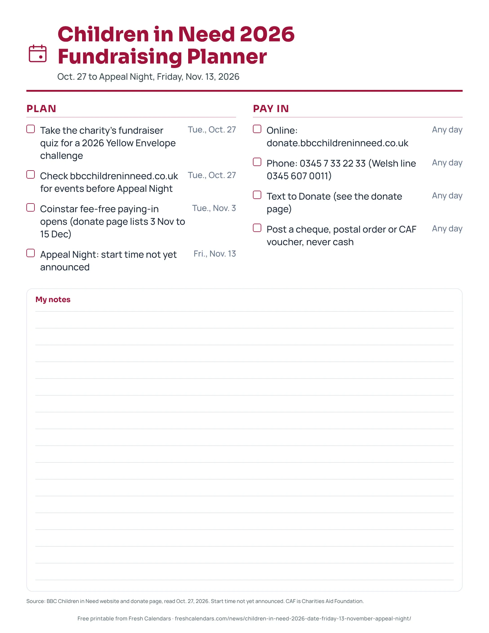 Printable Children in Need 2026 fundraising planner with a checklist of dates and ways to pay in money.