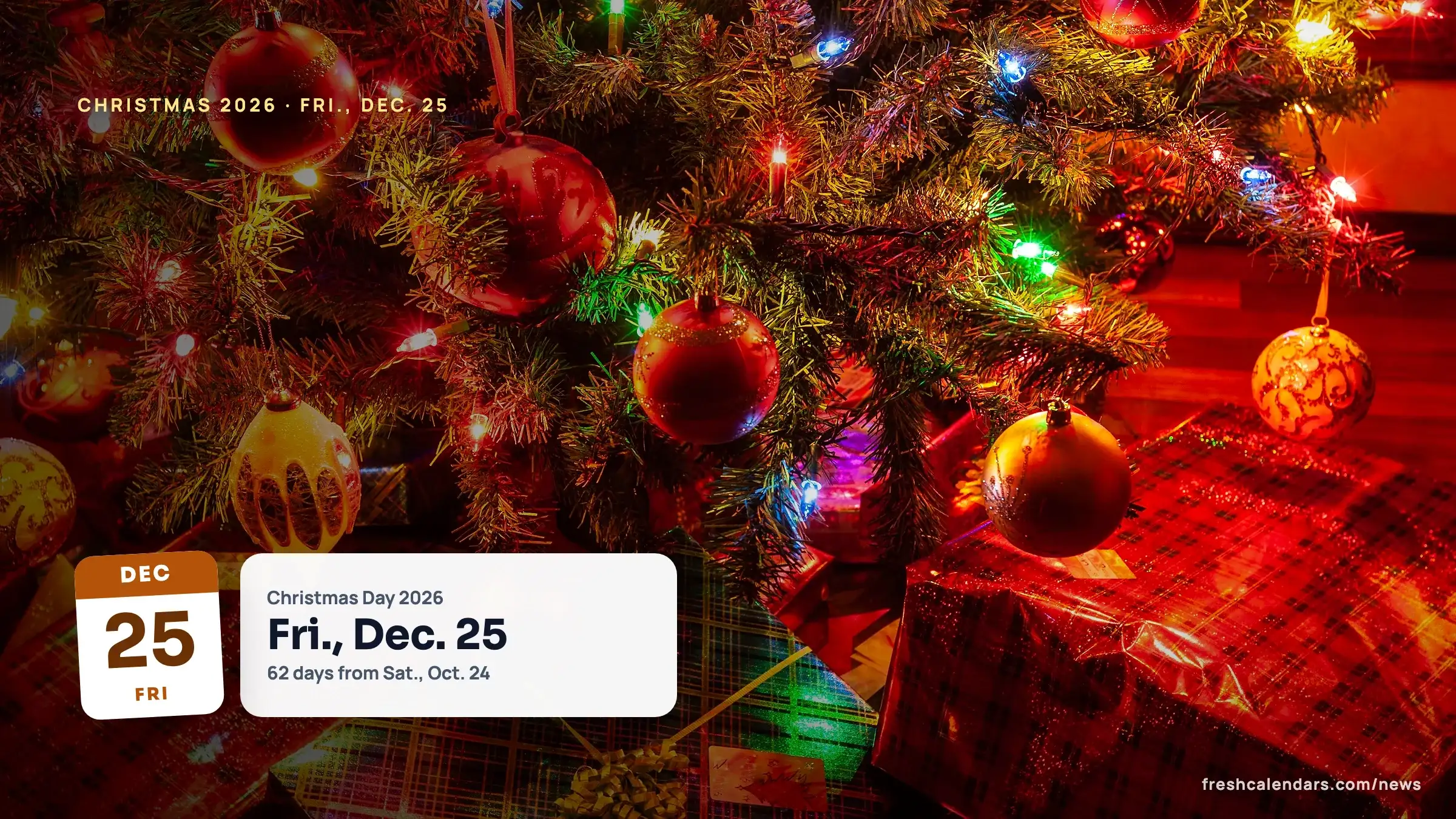 A decorated Christmas tree with red ornaments, glowing lights and wrapped gifts underneath, for a Christmas 2026 countdown and printable calendar