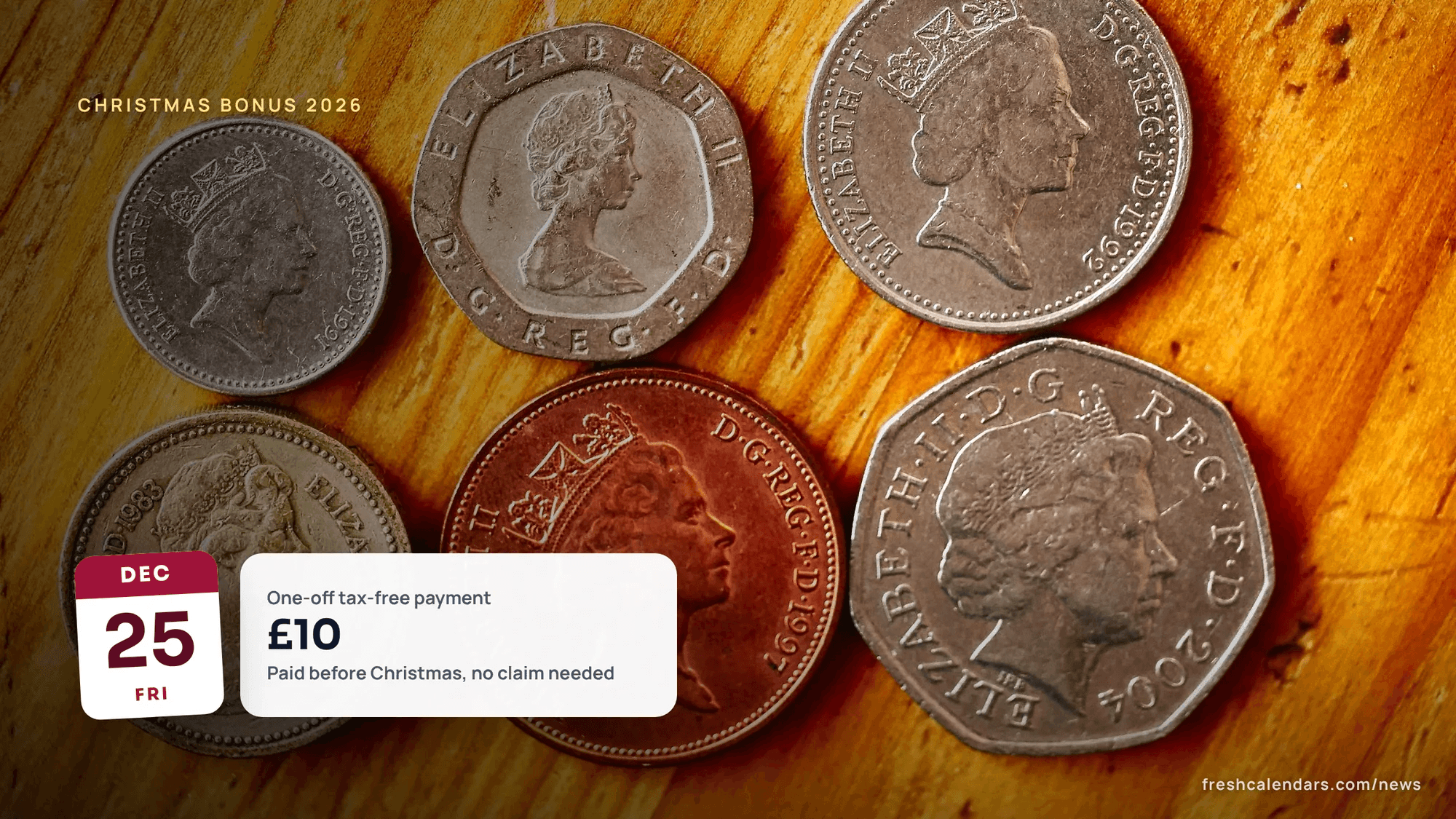 British coins on a wooden table, for the Christmas Bonus 2026 £10 payment