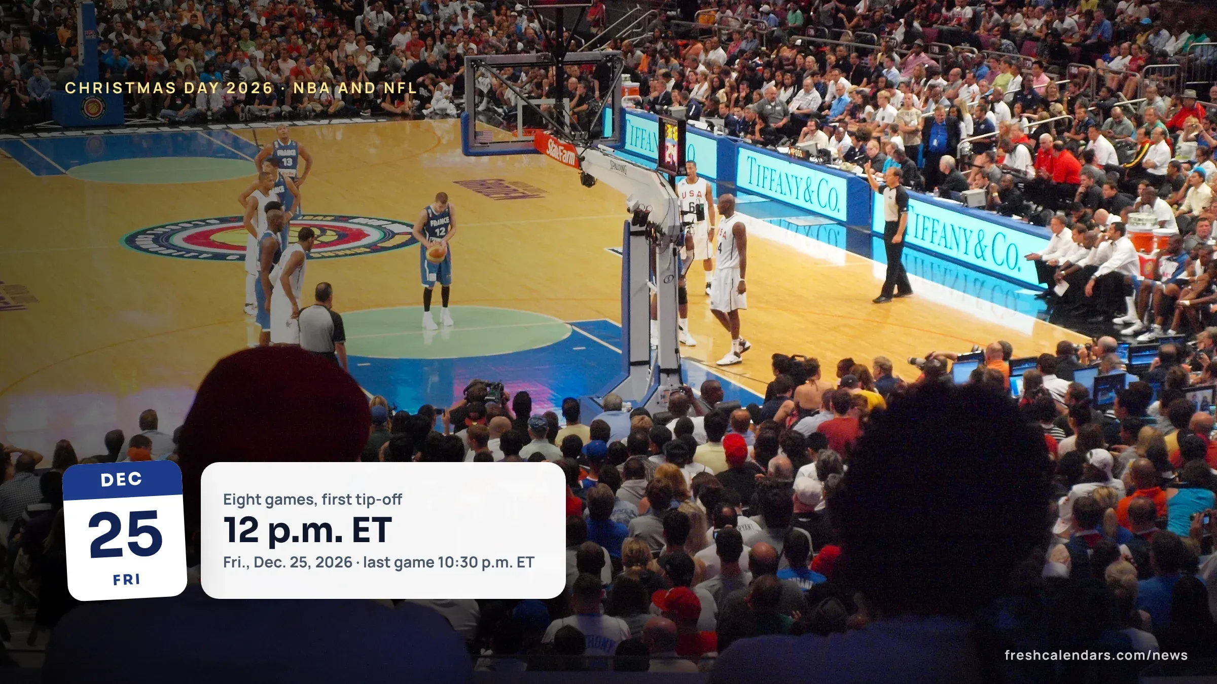 Christmas Day 2026 Games: NBA and NFL Schedule, Kickoff Times and TV for All Eight Games A basketball game in progress at a packed Madison Square Garden in New York