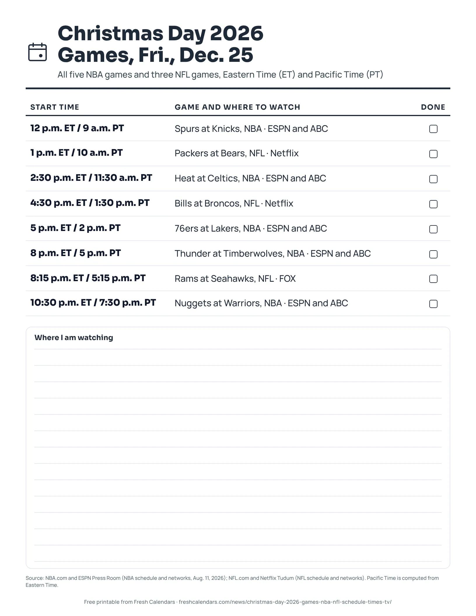 Christmas Day 2026 games printable listing five NBA games and three NFL games with Eastern and Pacific start times and networks, ink-saver version
