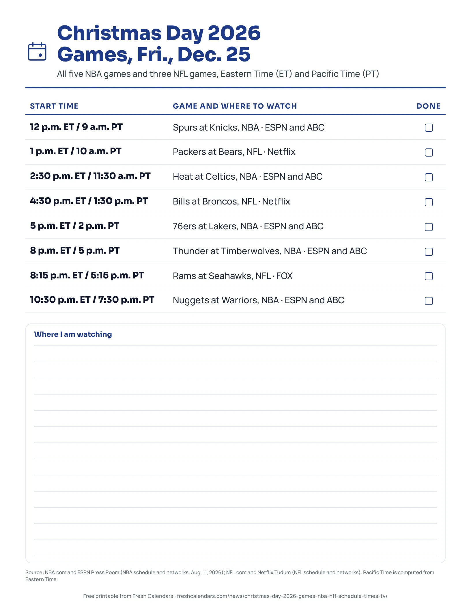 Christmas Day 2026 games printable listing five NBA games and three NFL games with Eastern and Pacific start times and networks
