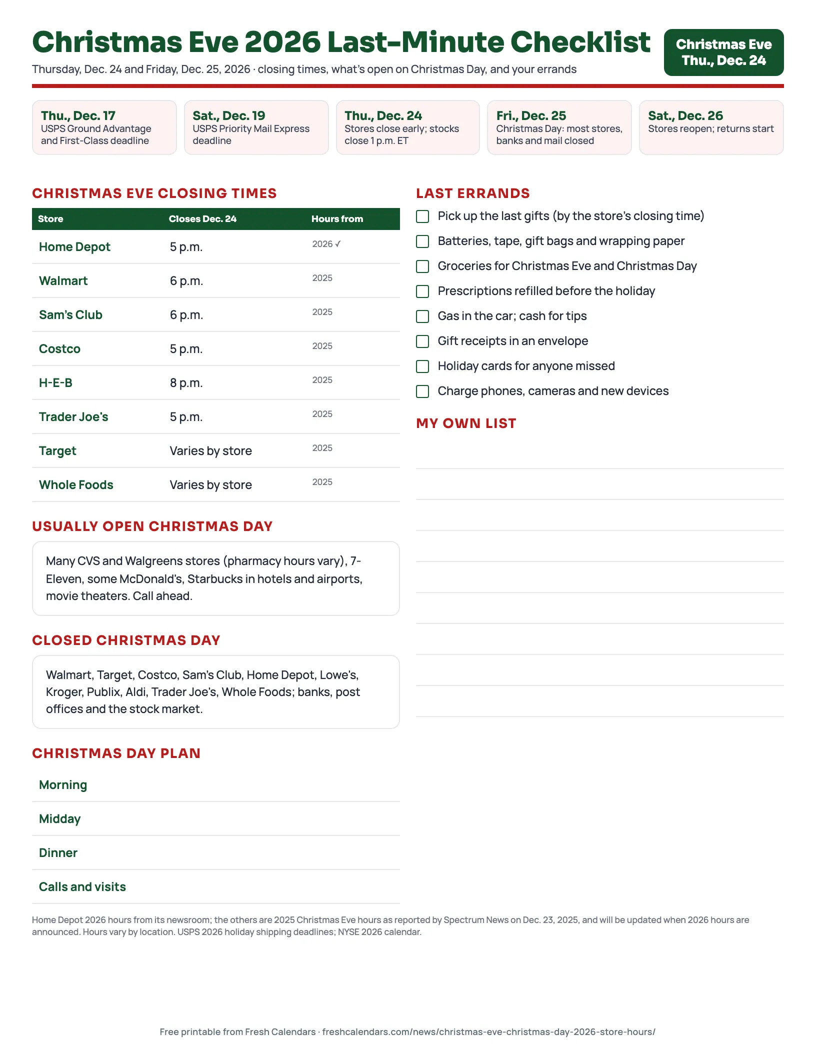 Christmas Eve 2026 last-minute checklist printable in red and green with closing times and an errands list