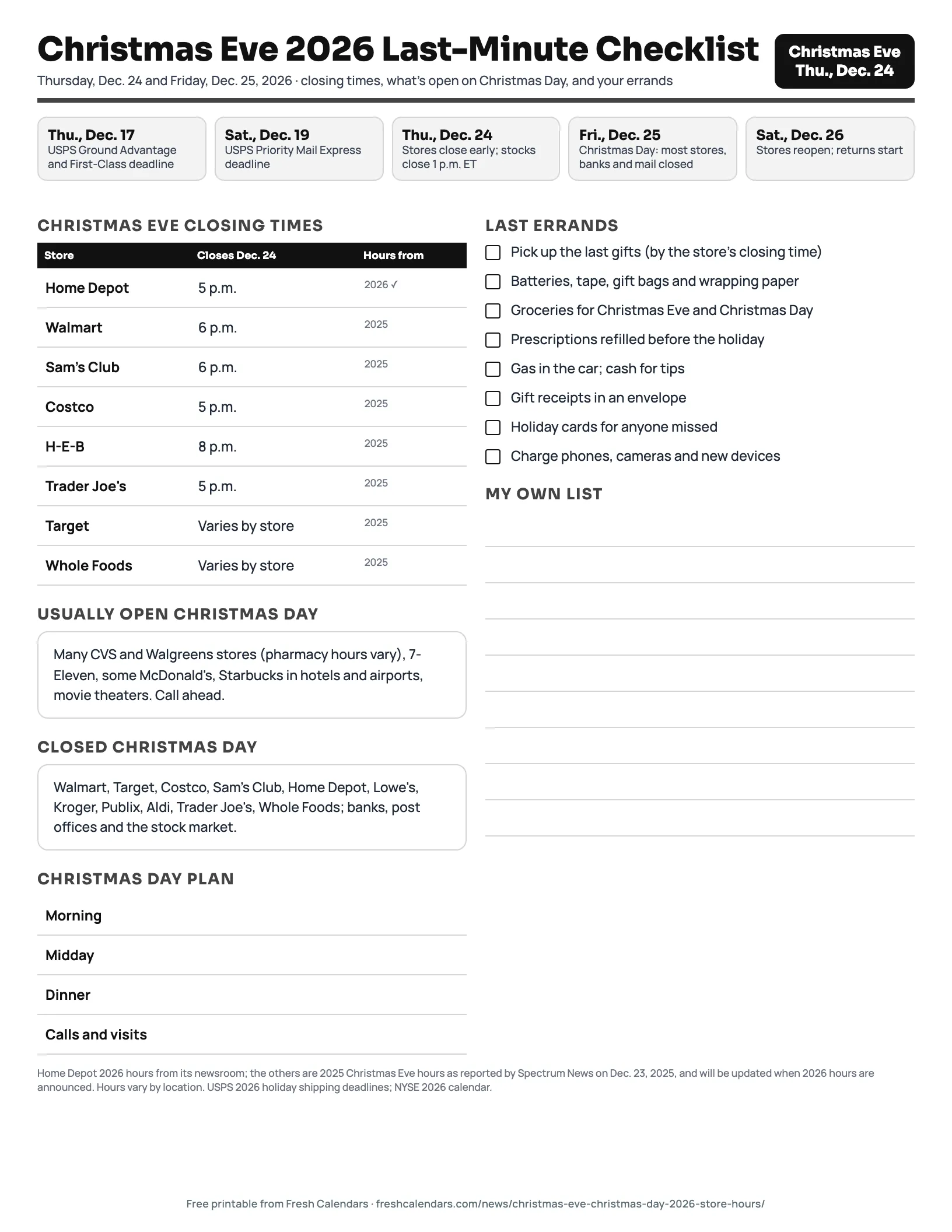 Christmas Eve 2026 last-minute checklist printable in black and white ink-saver style with closing times