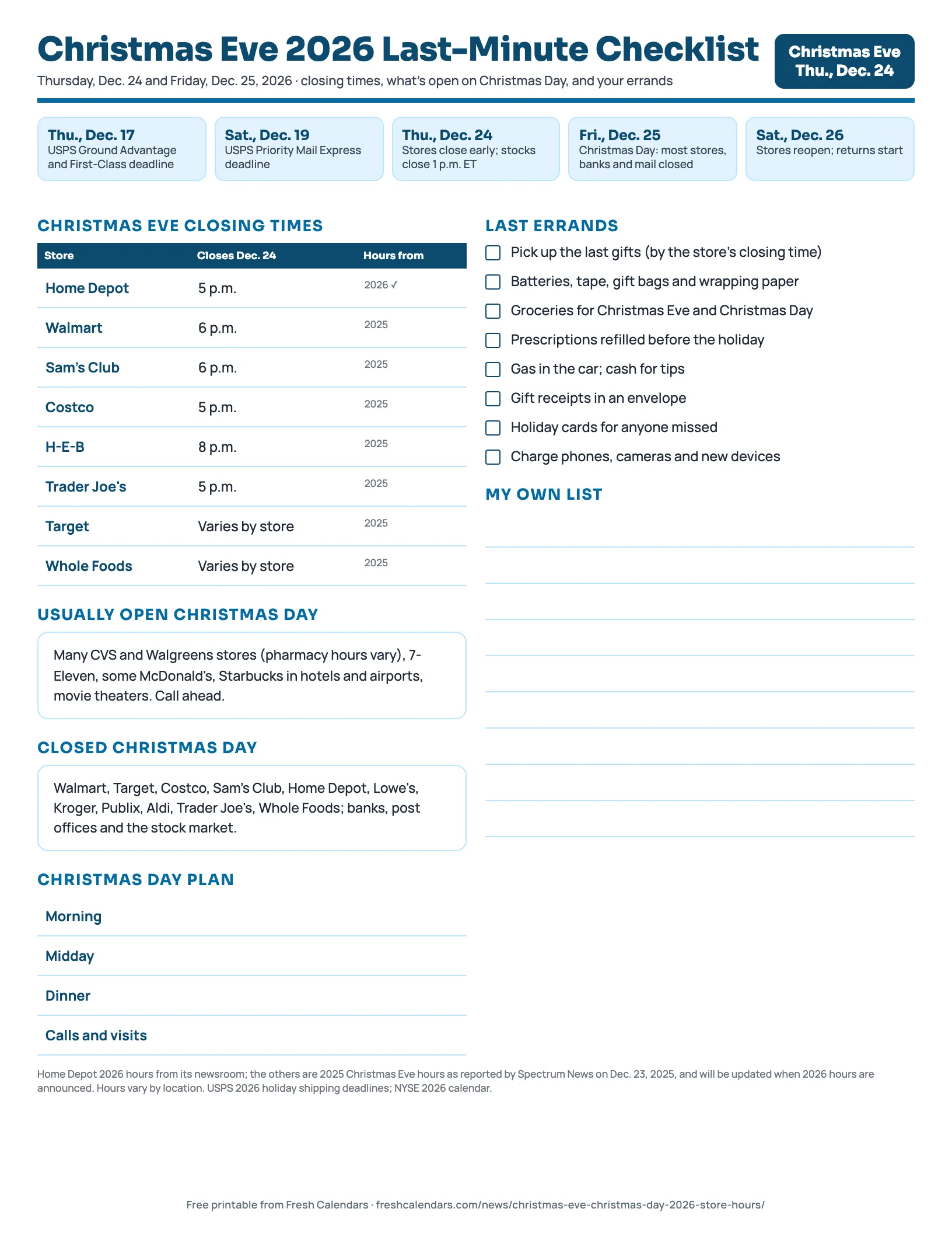 Christmas Eve 2026 last-minute checklist printable in winter blue with store closing times and errands